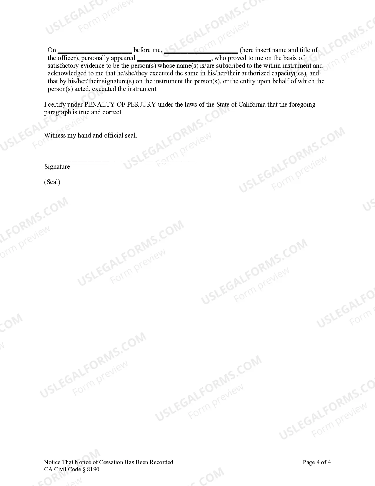 Preview Notice that Notice of Cessation Has Been Recorded - Individual