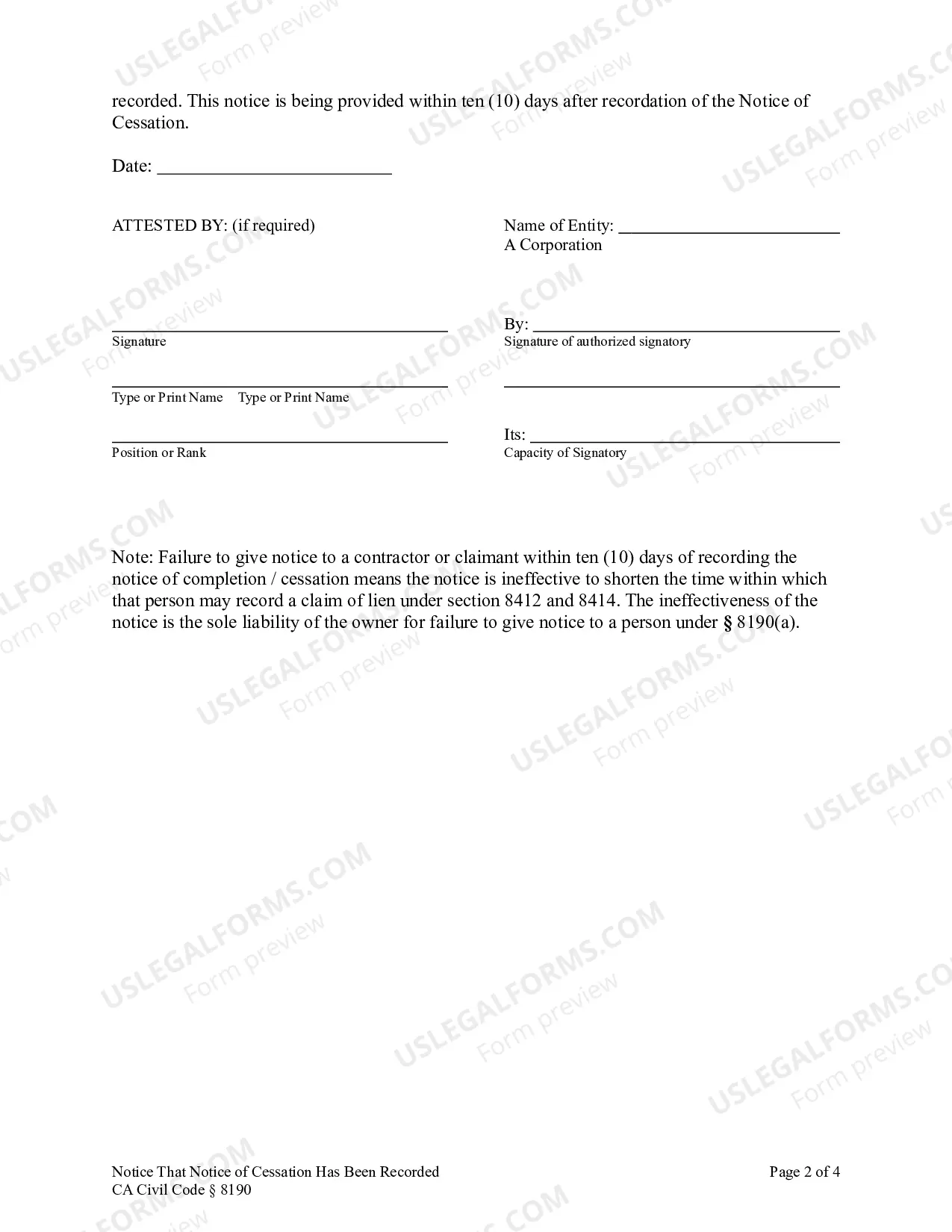 Preview Notice that Notice of Cessation Has Been Recorded - Corporation