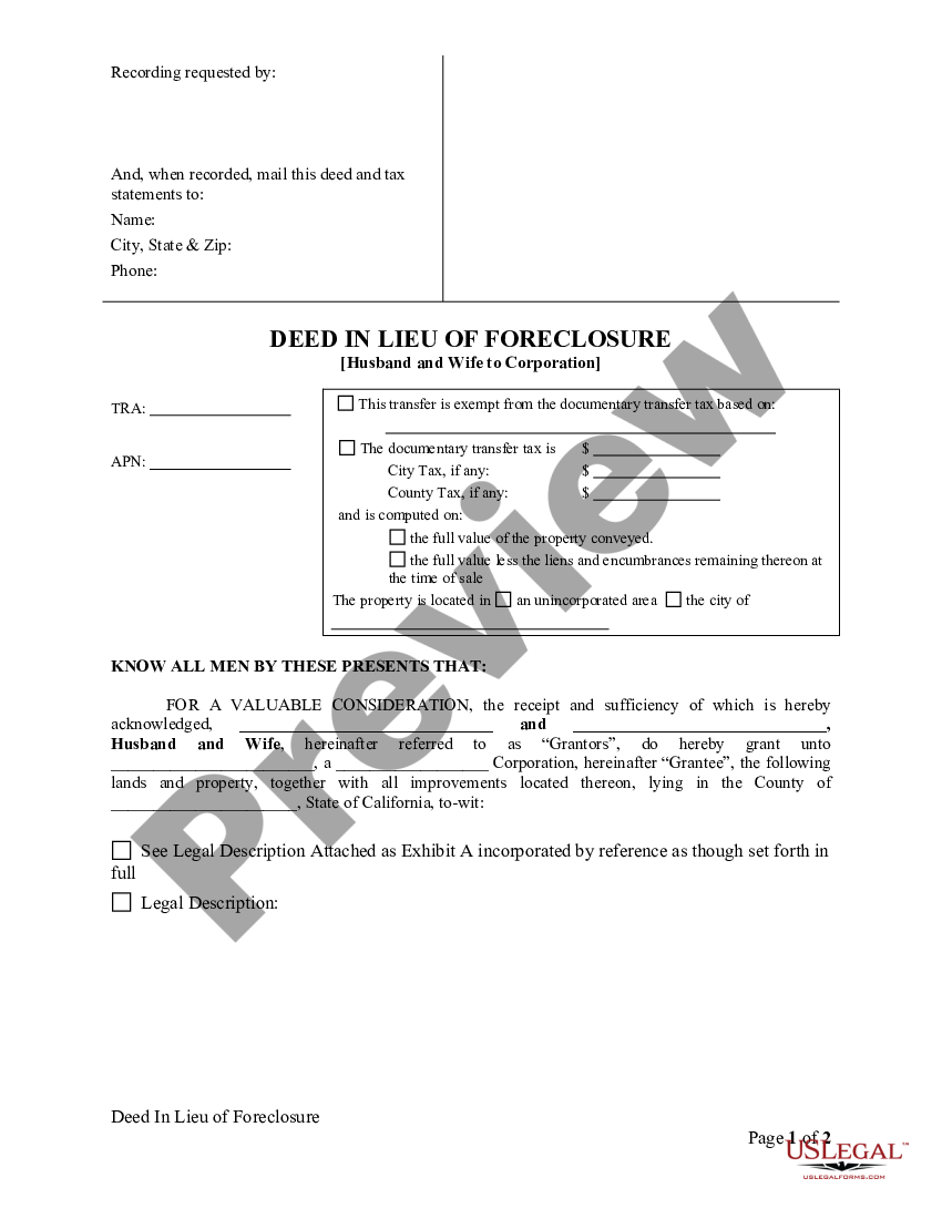 California Deed In Lieu Of Foreclosure Husband And Wife To 