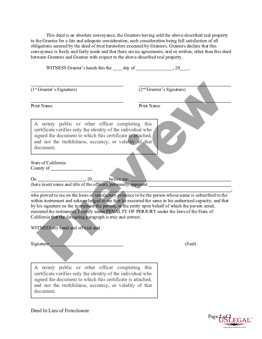 Hayward California Deed In Lieu Of Foreclosure Ca Lieu Foreclosure Us Legal Forms 2066