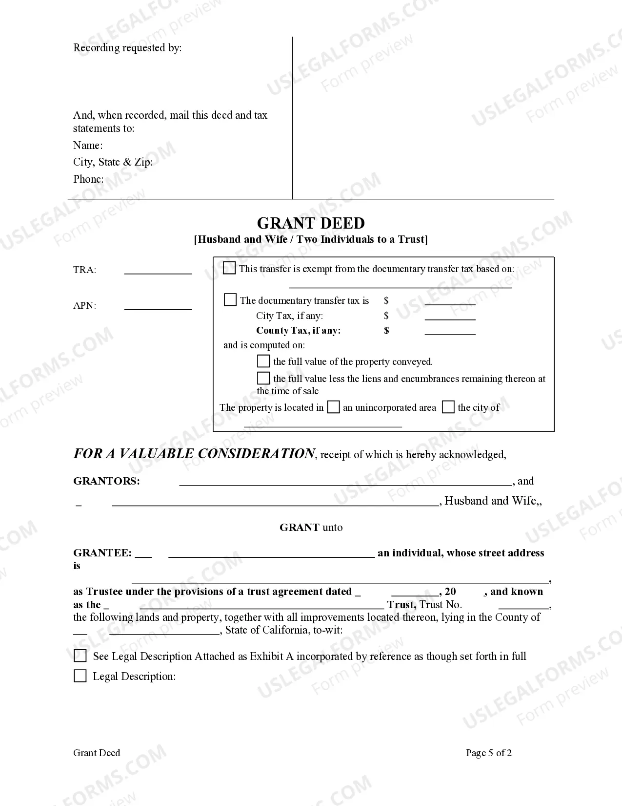 Preview Grant Deed - Husband and Wife to a Trust