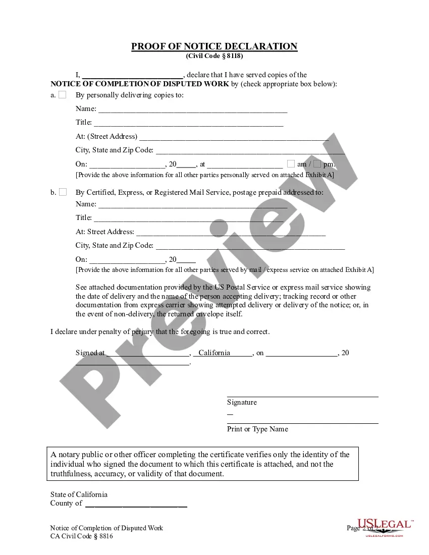 Preview Notice of Completion of Disputed Work - Corporation