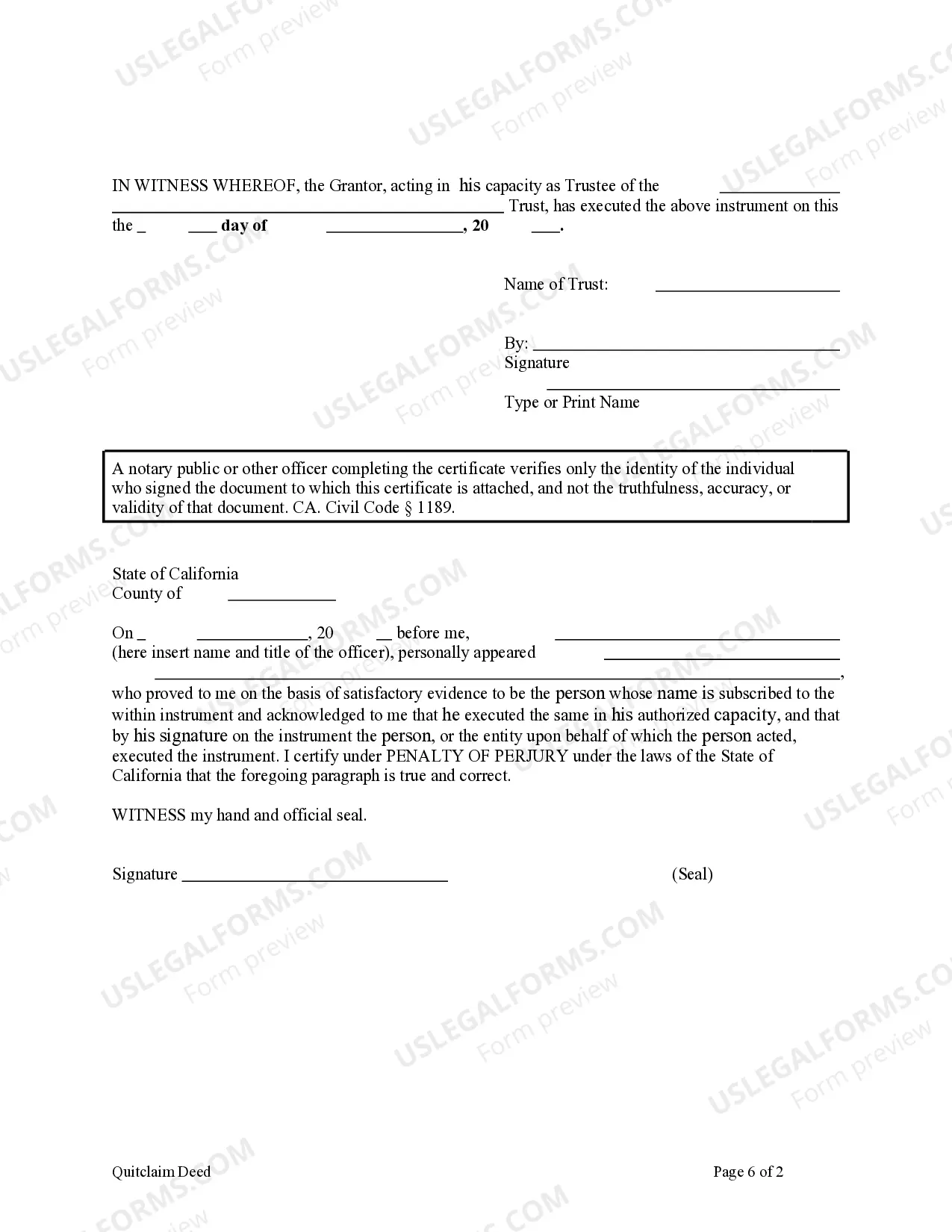 Preview Quitclaim Deed - Trust to an Individual