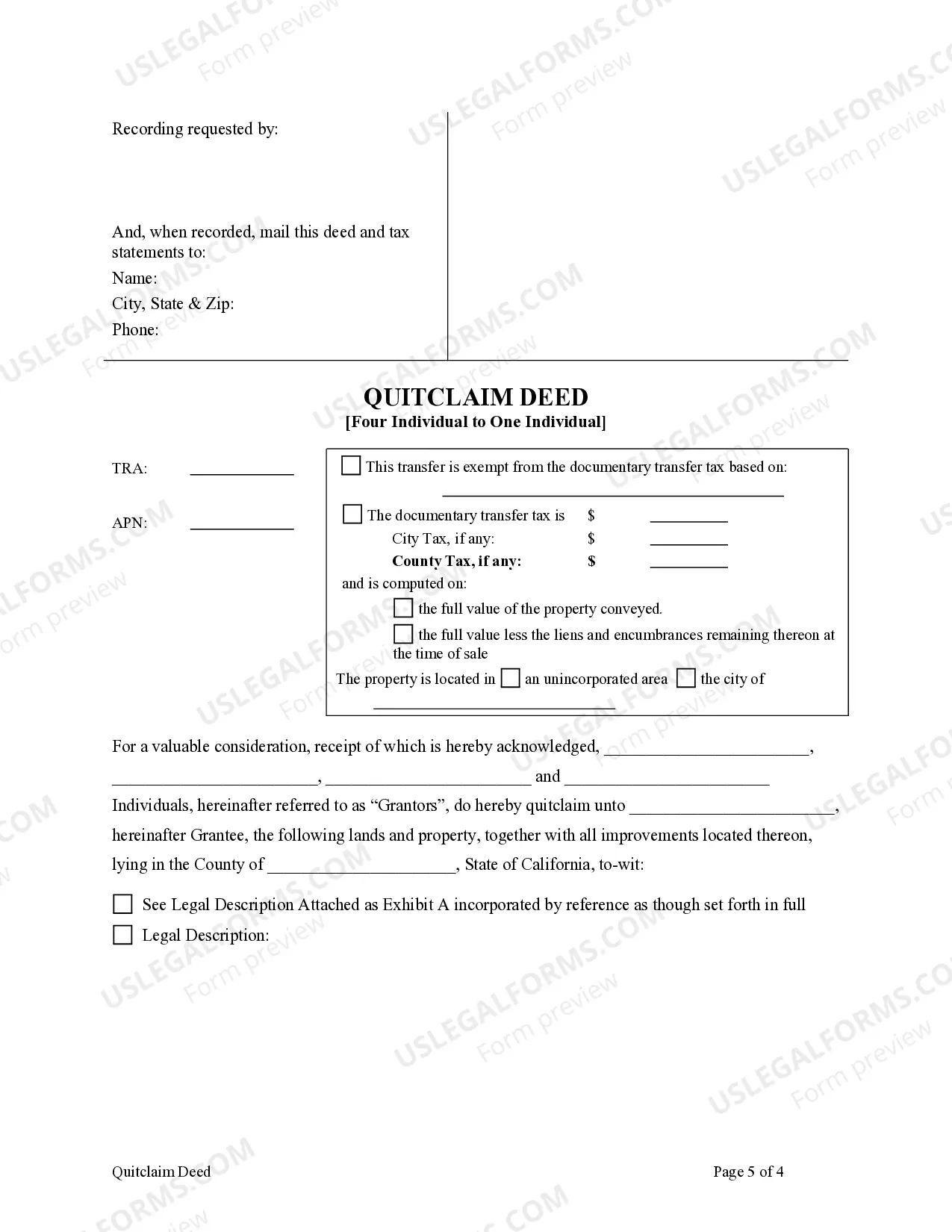 Preview Quitclaim Deed - Four Individuals to One Individual