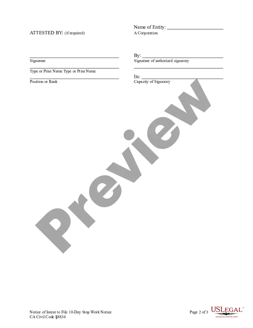 Preview Notice of Intent to File 10-Day Stop Work Order - Corporation