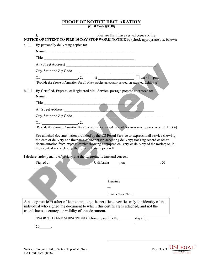 Preview Notice of Intent to File 10-Day Stop Work Order - Corporation