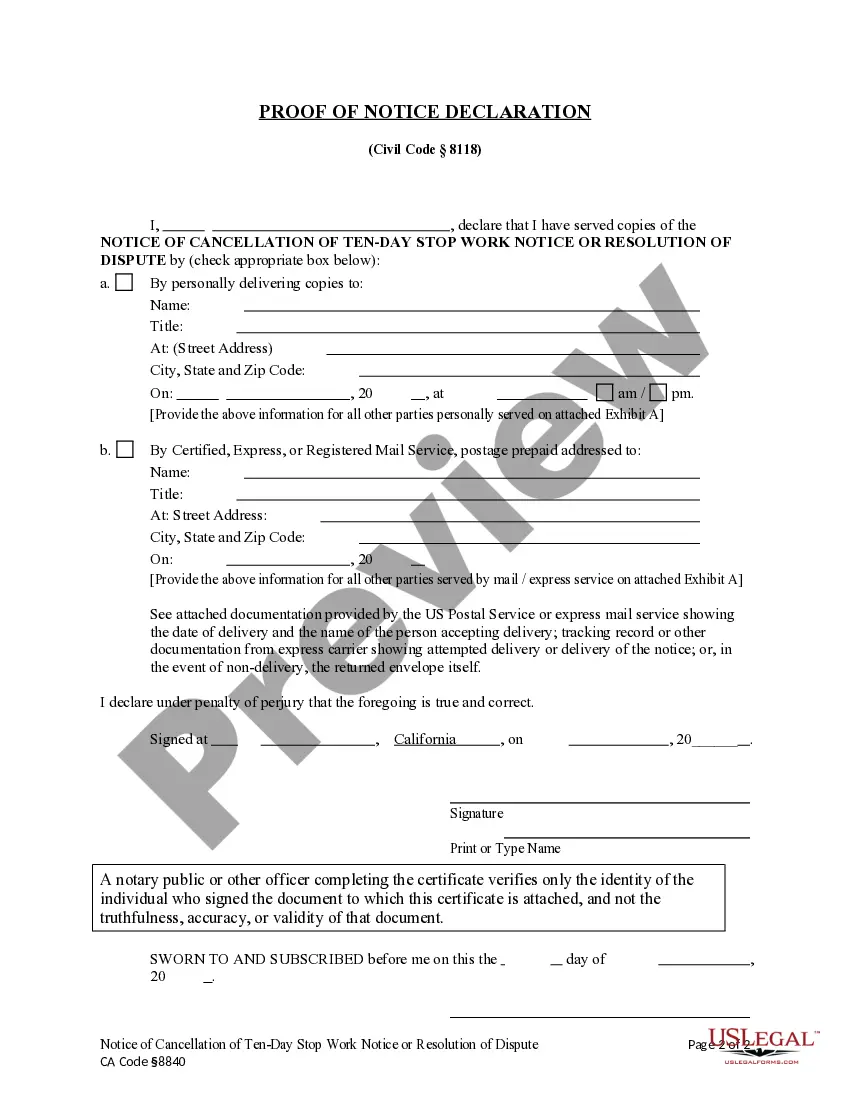 Preview Notice of Cancellation of 10-Day Stop Work Order or Resolution of Dispute - Individual