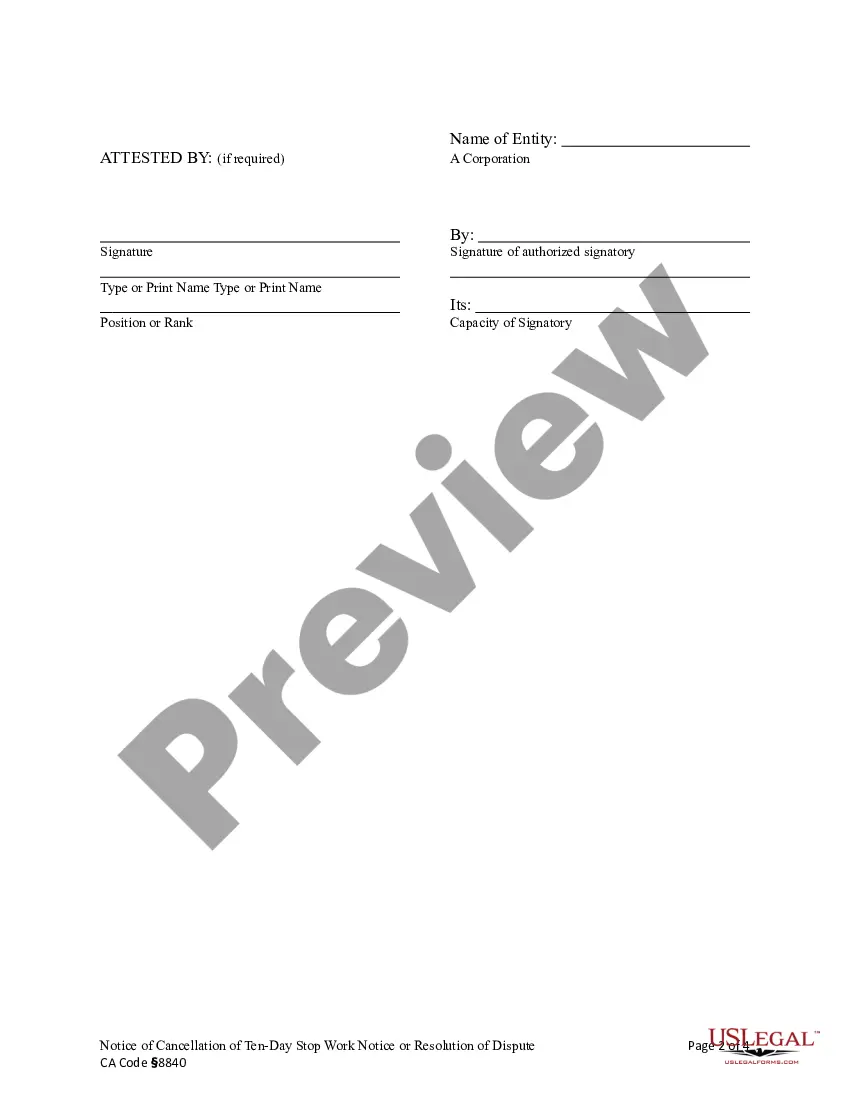 Preview Notice of Cancellation of 10-Day Stop Work Order or Resolution of Dispute - Corporation