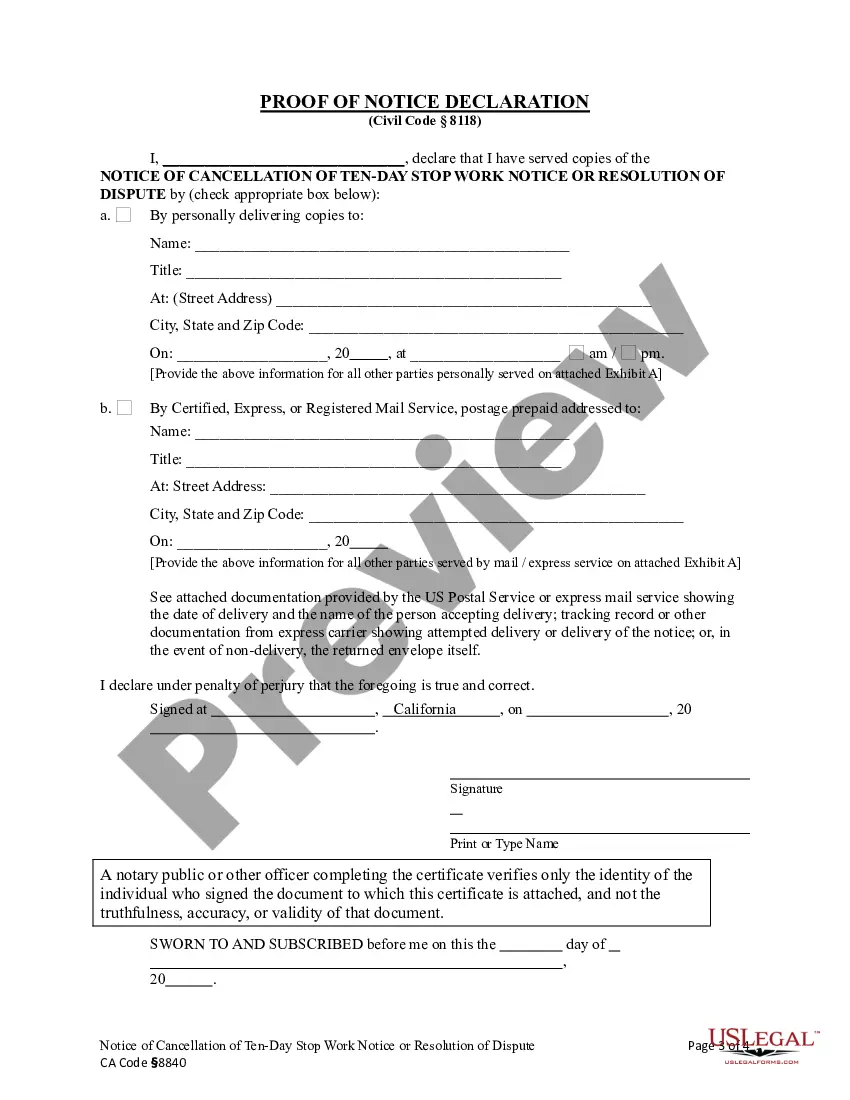 Preview Notice of Cancellation of 10-Day Stop Work Order or Resolution of Dispute - Corporation