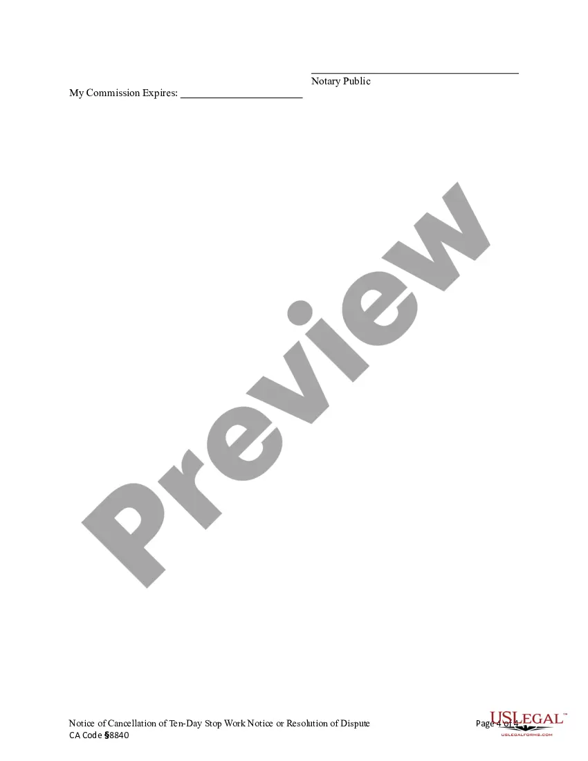 Preview Notice of Cancellation of 10-Day Stop Work Order or Resolution of Dispute - Corporation
