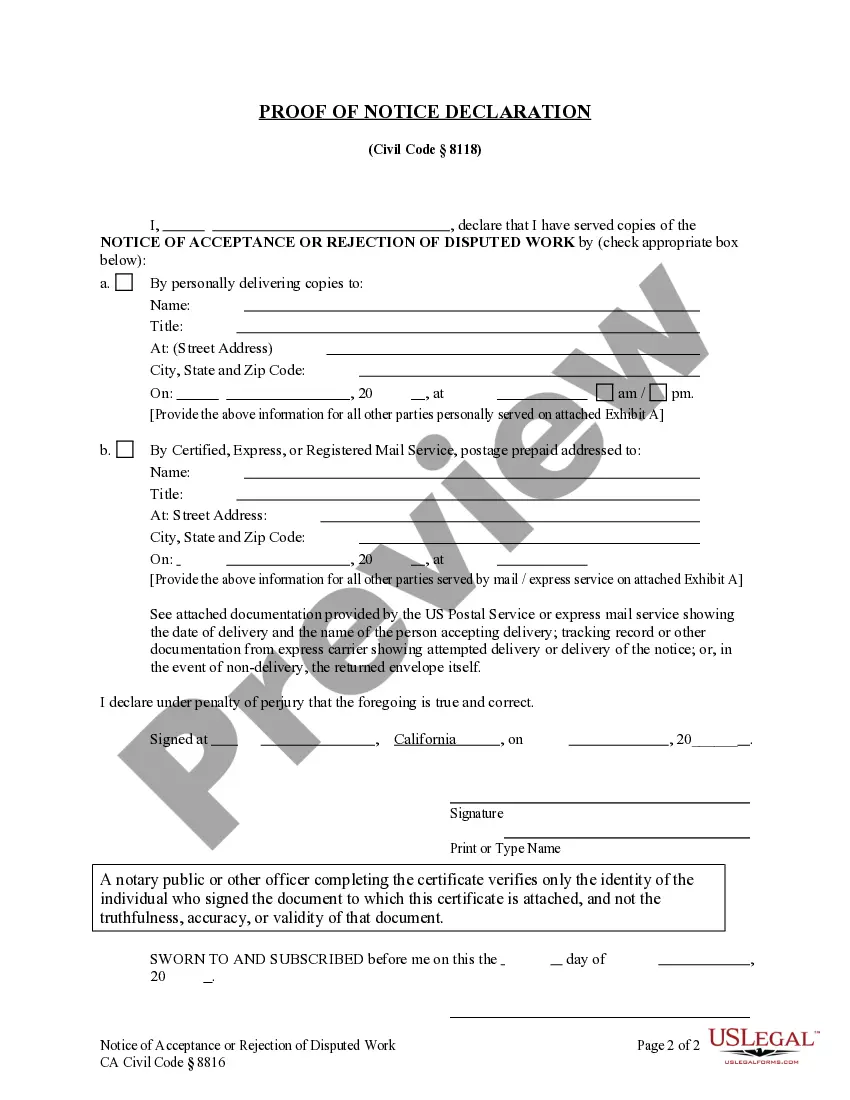 Preview Notice of Acceptance or Rejection of Disputed Work - Construction Liens - Individuals