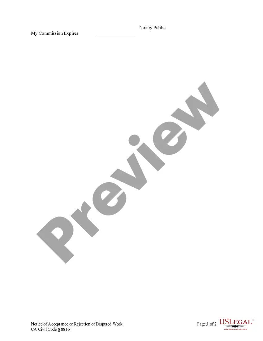 Preview Notice of Acceptance or Rejection of Disputed Work - Construction Liens - Individuals