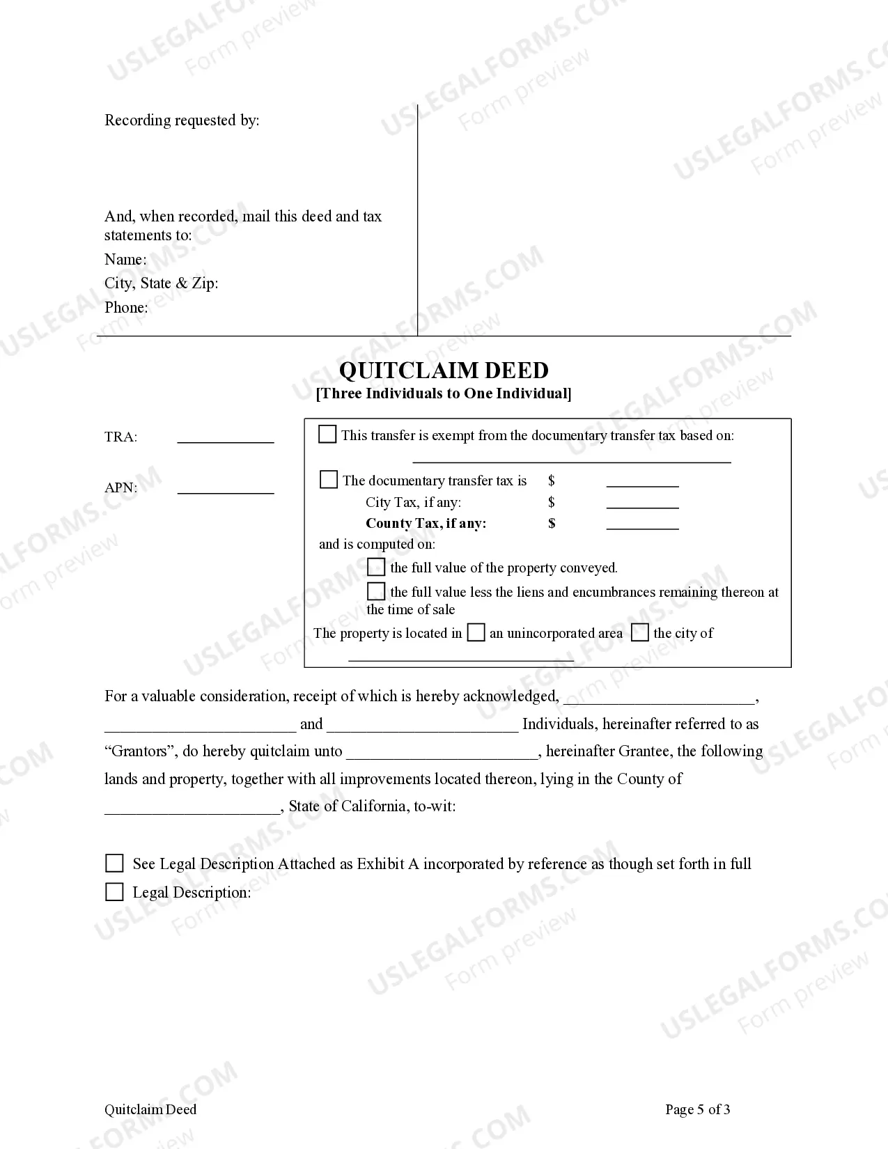 Preview Quitclaim Deed - Three Individuals to One Individual