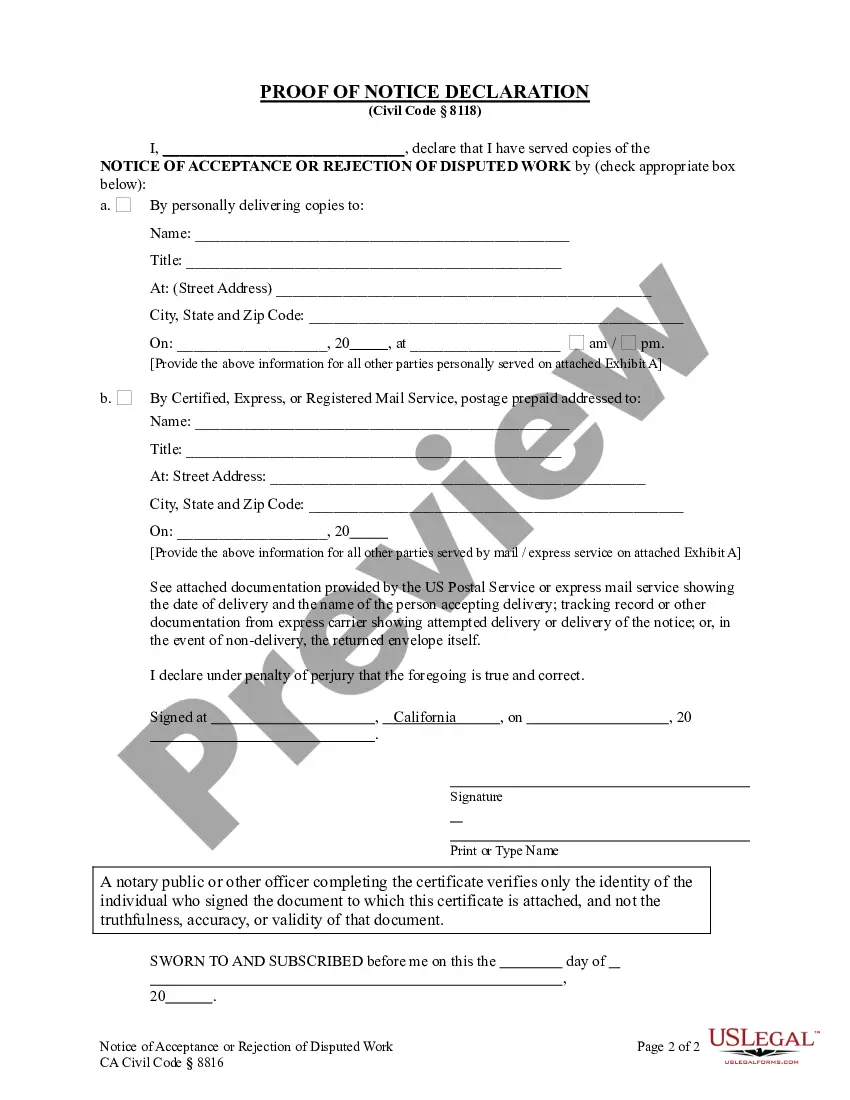 Preview Notice of Acceptance or Rejection of Disputed Work - Construction Liens - Business Entity