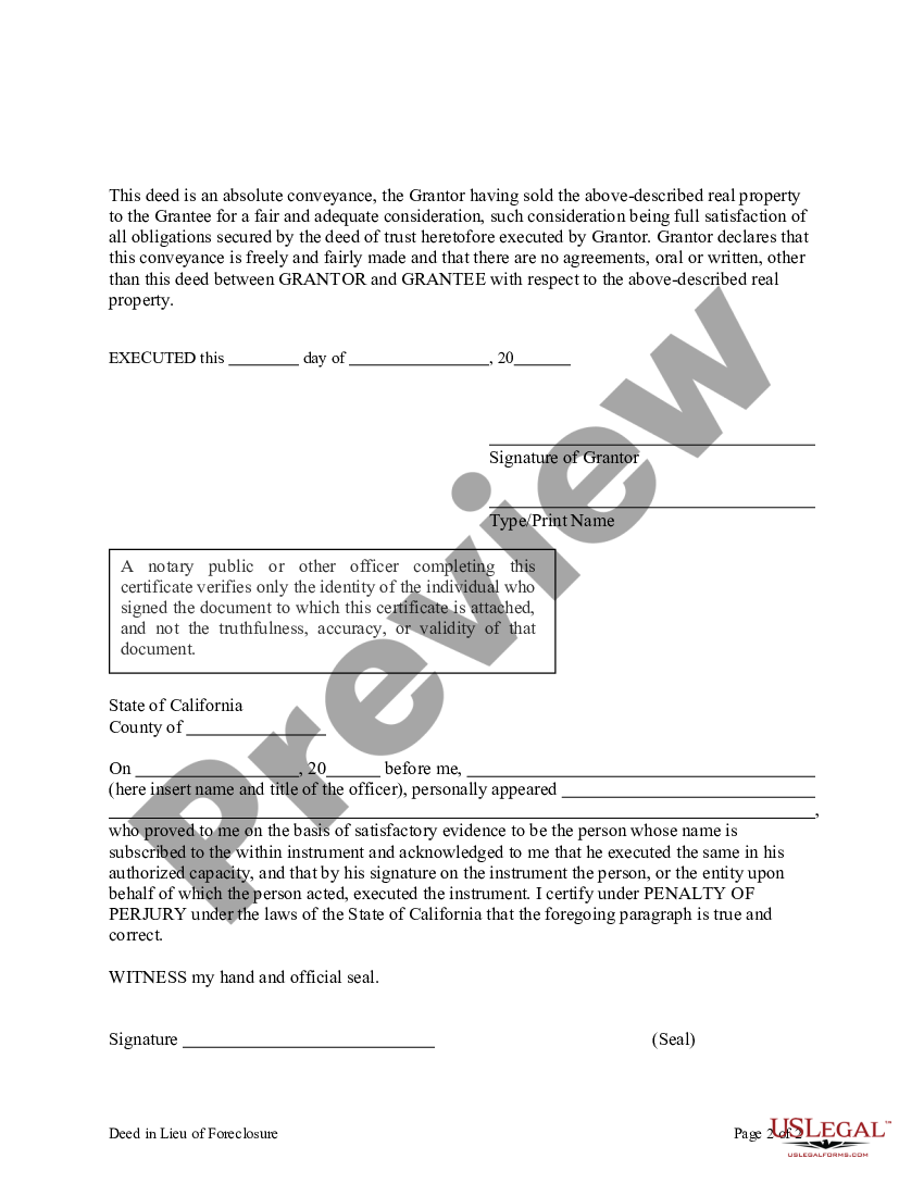 California Deed In Lieu Of Foreclosure Make Adeed In Lieu Of Foreclosure California Us Legal 2236