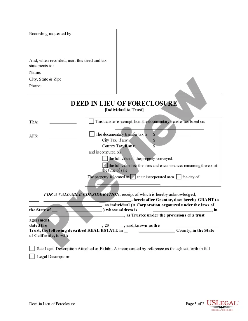 Get Deed in Lieu of Foreclosure - Individual to a Trust Preview Deed in Lieu of Foreclosure - Individual to a Trust