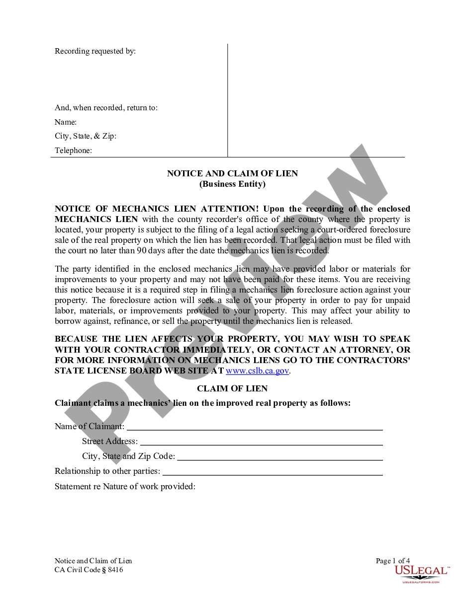 page 0 Notice and Claim of Lien - Construction Liens - Corporation or Limited Liability Company - CA Civil Code Section 8416 preview
