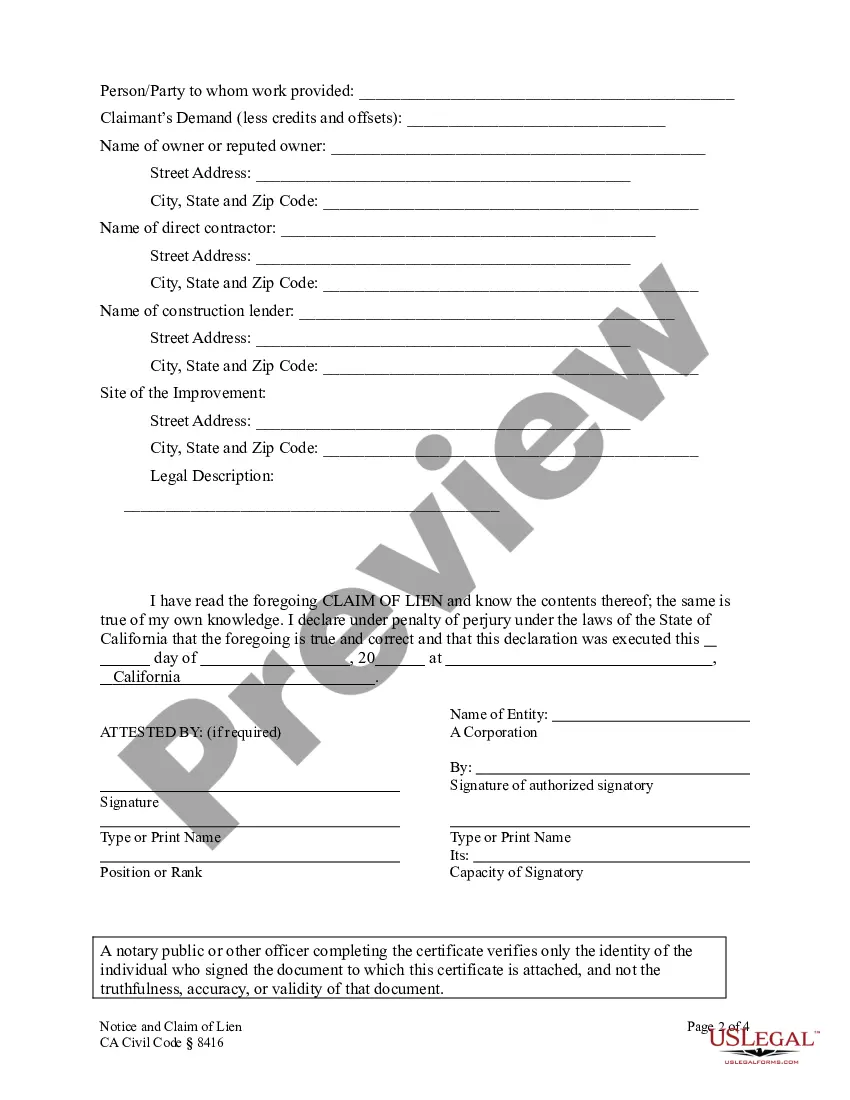 Preview Notice and Claim of Lien - Construction Liens - Corporation or Limited Liability Company - CA Civil Code Section 8416