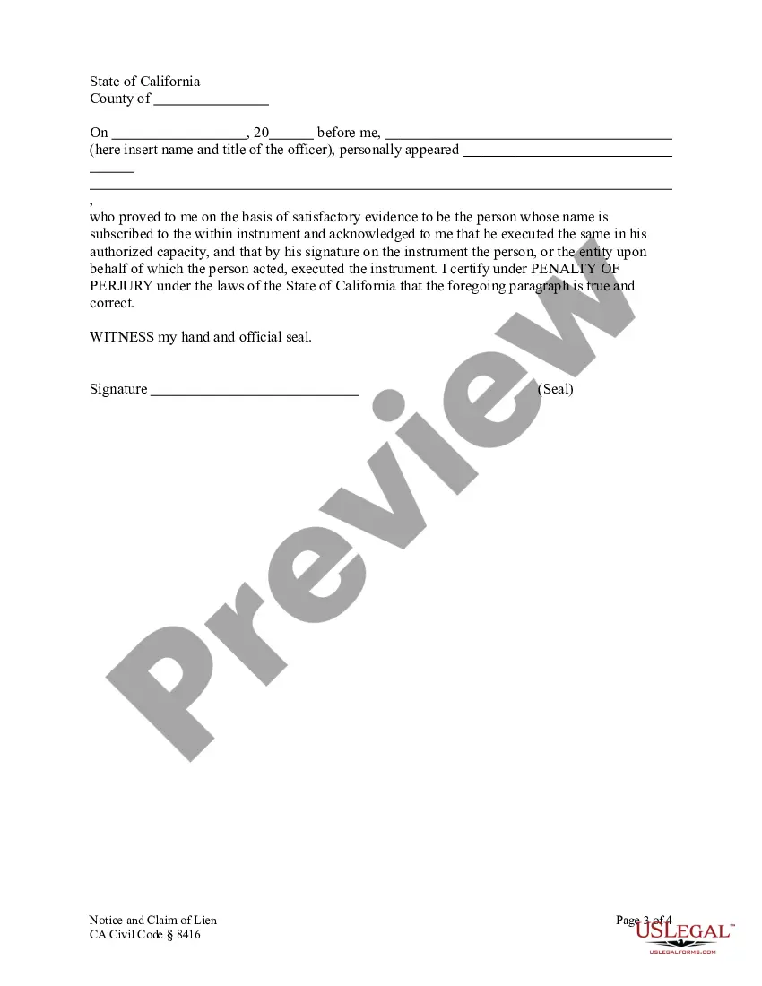 Preview Notice and Claim of Lien - Construction Liens - Corporation or Limited Liability Company - CA Civil Code Section 8416