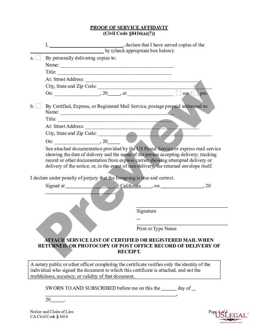 Preview Notice and Claim of Lien - Construction Liens - Corporation or Limited Liability Company - CA Civil Code Section 8416