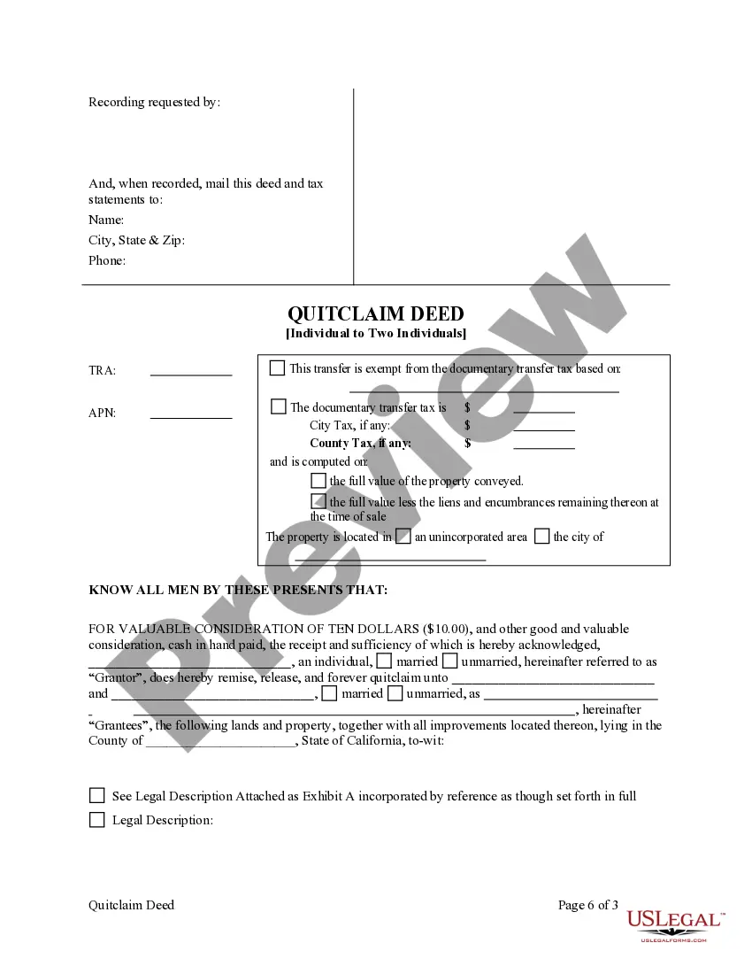 Preview Quitclaim Deed from Individual to Two Individuals in Joint Tenancy