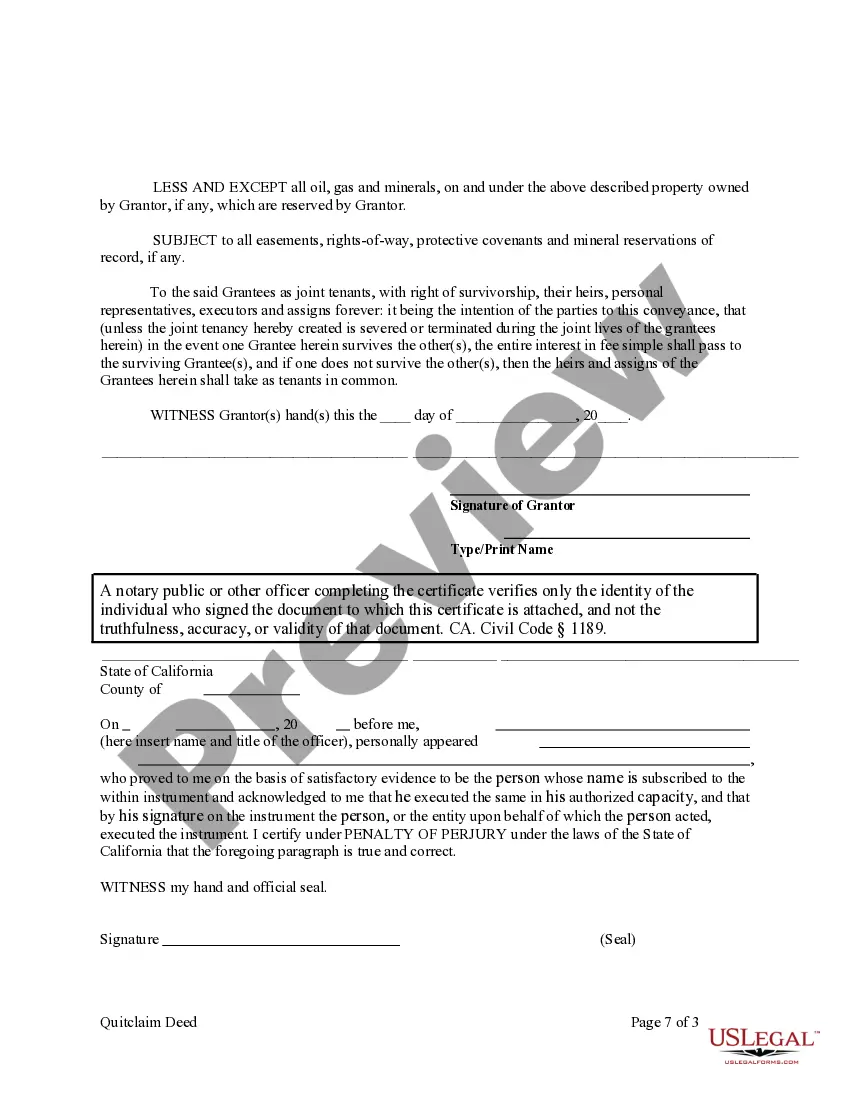 Preview Quitclaim Deed from Individual to Two Individuals in Joint Tenancy