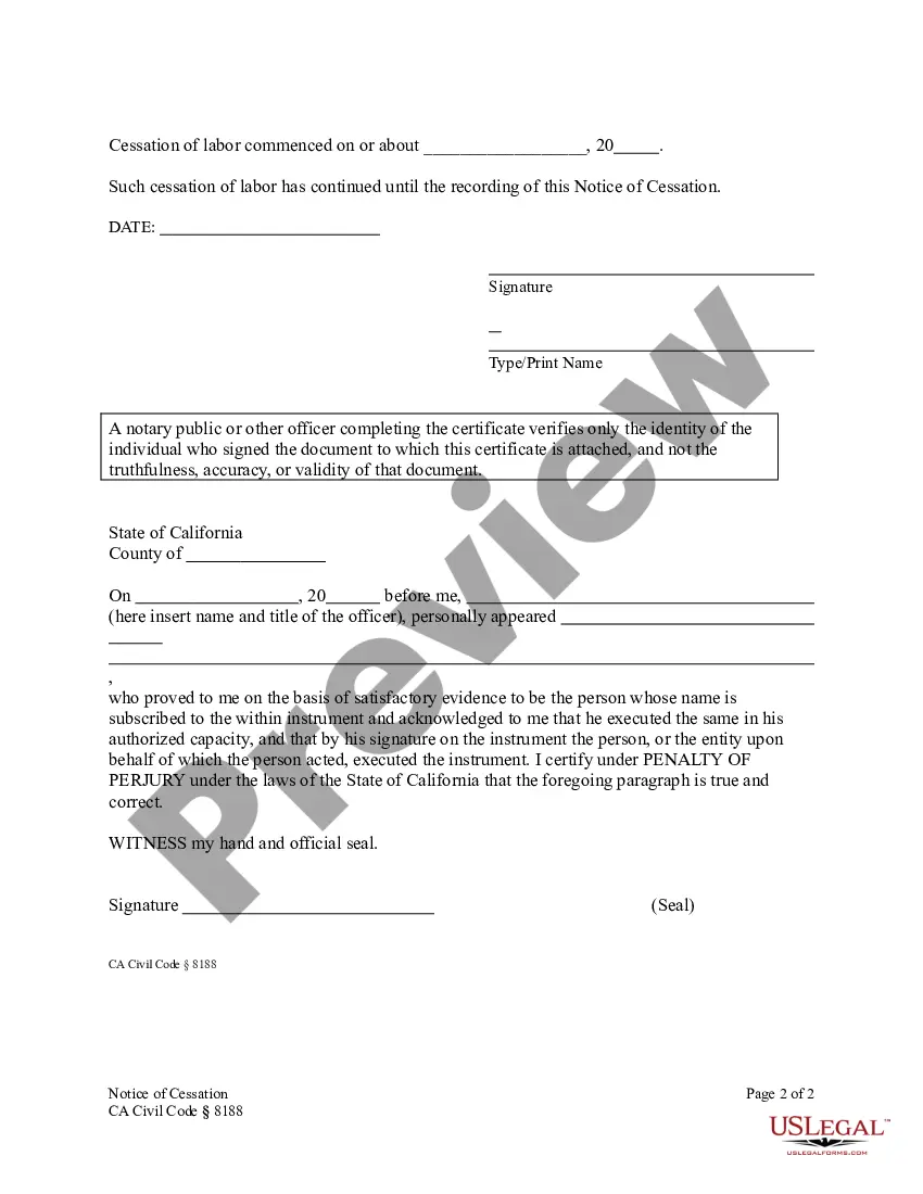 Preview Notice of Cessation - Construction Liens - Individual - CA Civil Code Section 8188