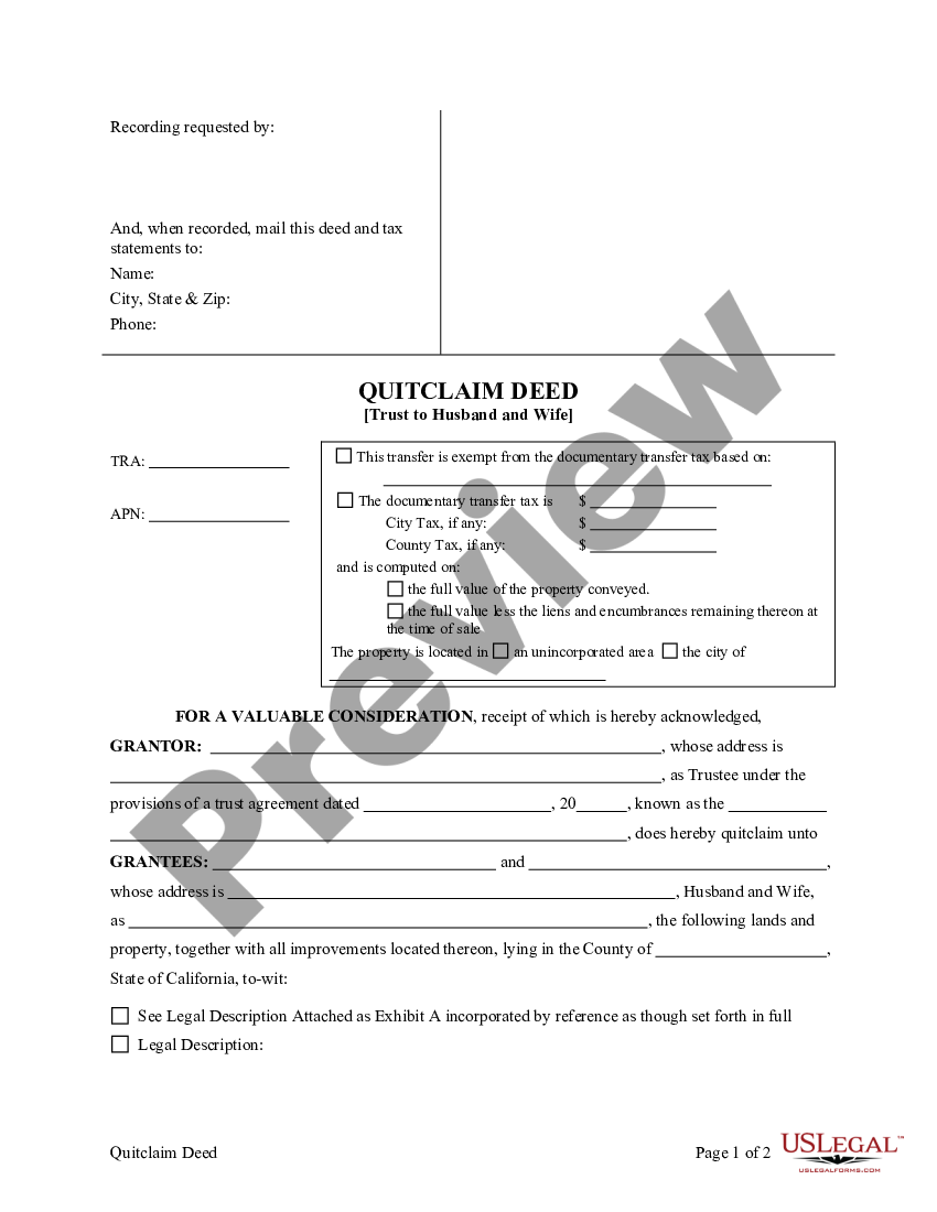 California Quitclaim Deed Trust To Husband And Wife Husband Wife Spouses Us Legal Forms 0687