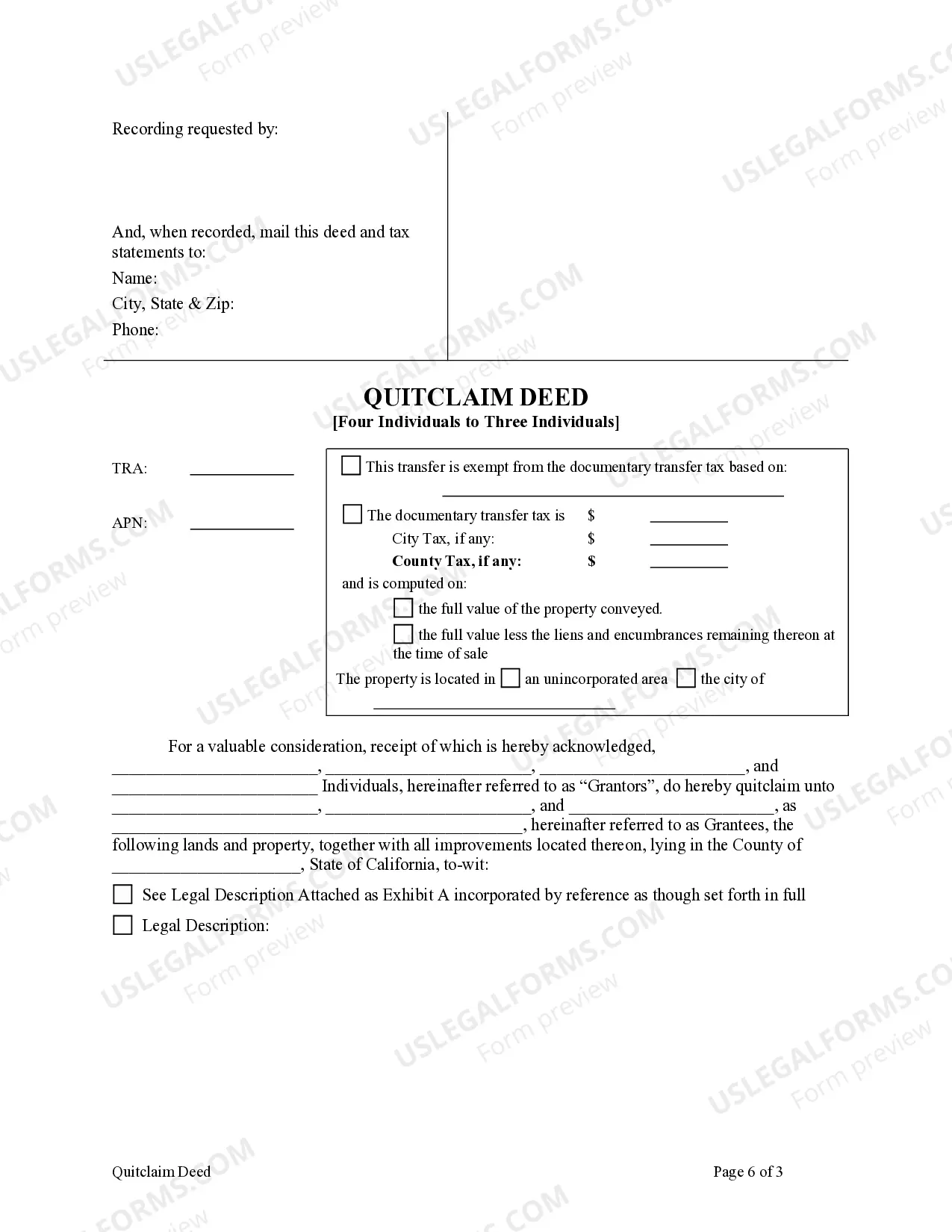 Preview Quitclaim Deed - Four Individuals to Three Individuals
