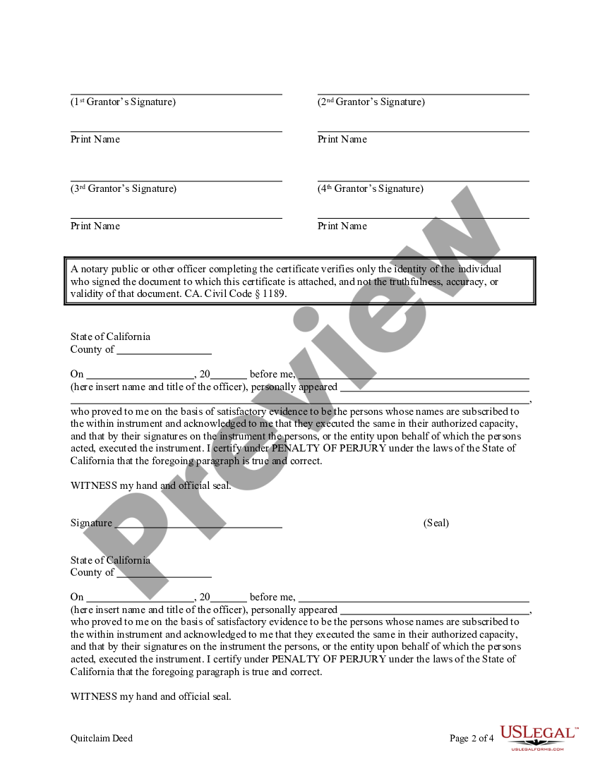 California Quitclaim Deed From Two Married Couples To One Married Couple And One Individual 1407