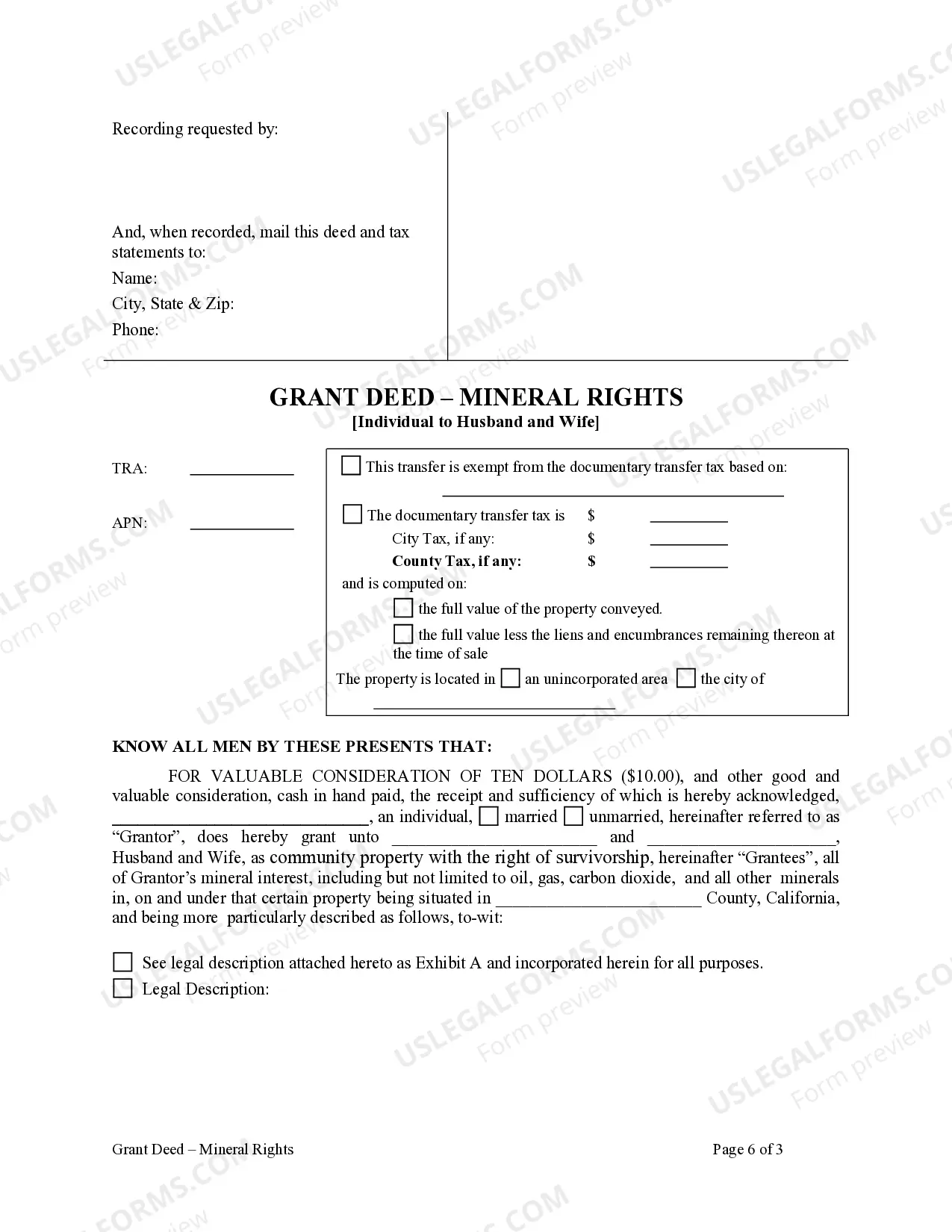 Preview Grant Deed for Mineral Rights - Individual to Husband and Wife