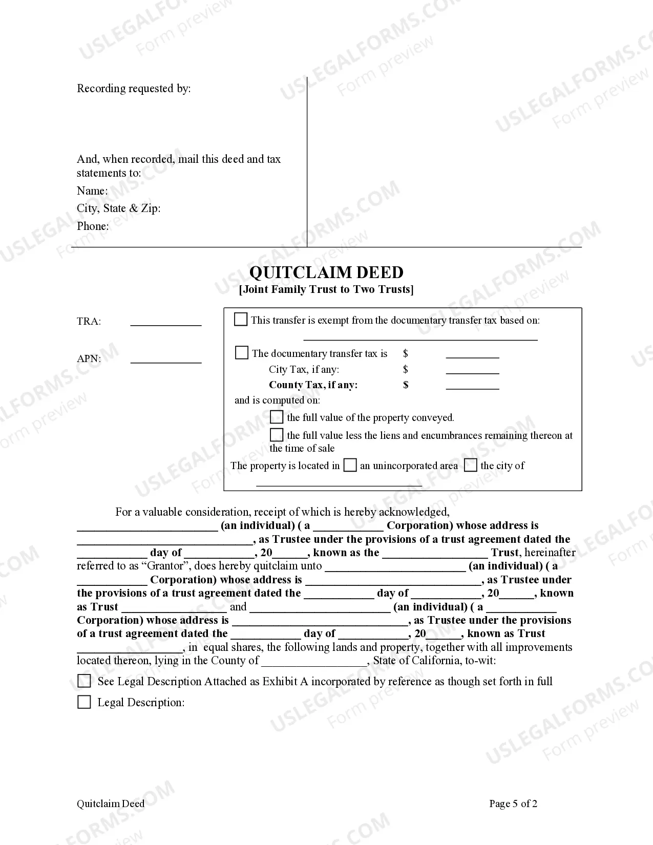 Preview Quitclaim Deed - Joint Family Trust to Two Trusts