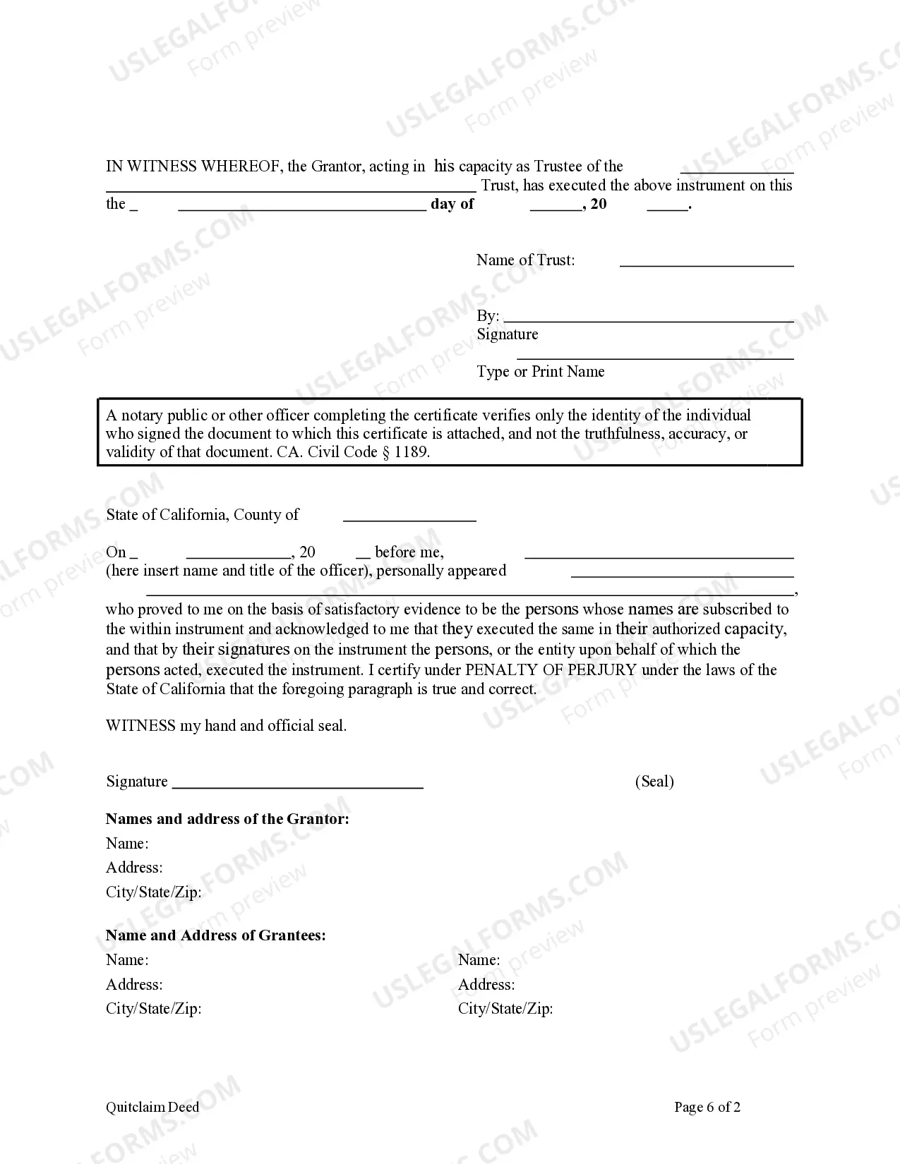 Preview Quitclaim Deed - Joint Family Trust to Two Trusts
