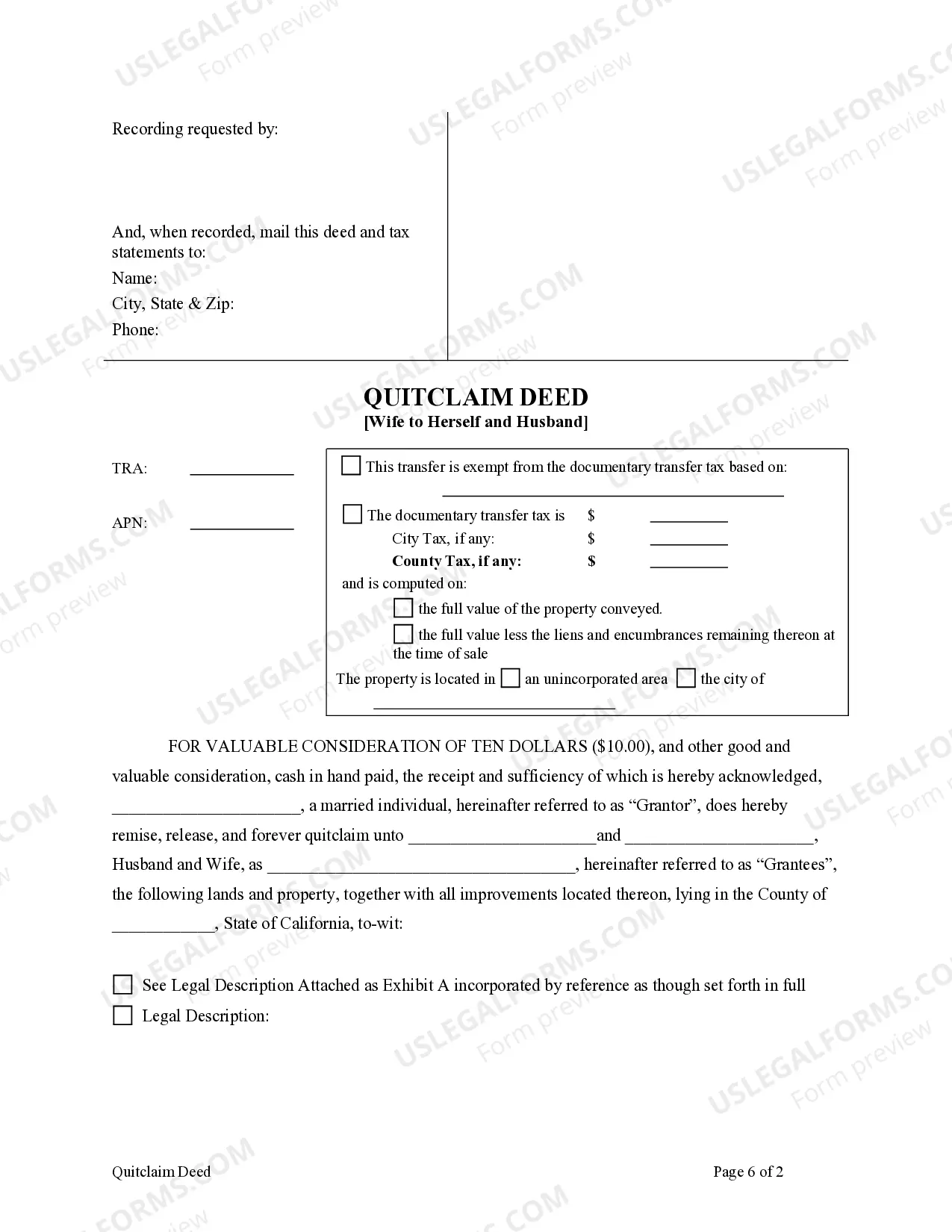 Preview Quitclaim Deed - Wife to Herself and Husband