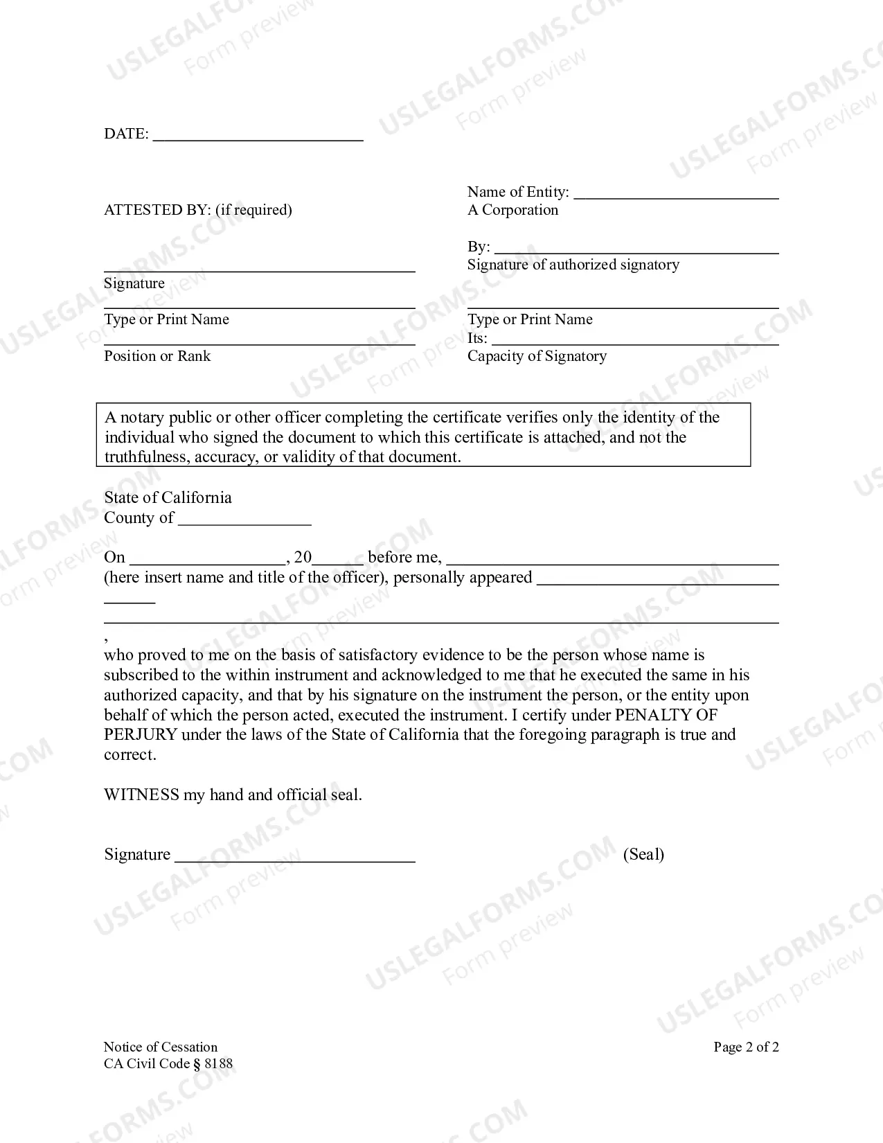 Preview Notice of Cessation - Construction Liens - Business Entity (LLC or Corp) - CA Civil Code Section 8188