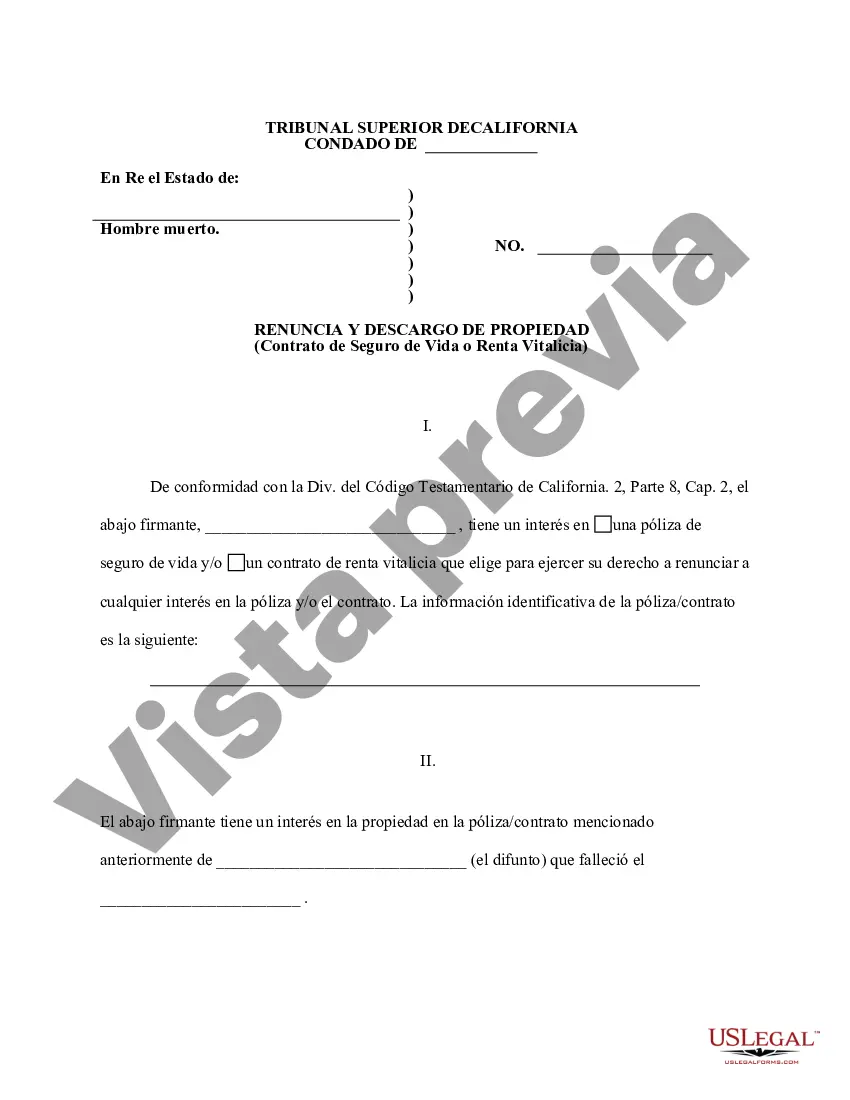 Preview Renuncia y descargo de responsabilidad de California de la propiedad del contrato de seguro de vida o anualidad