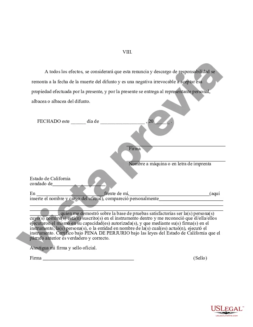 Preview Renuncia y descargo de responsabilidad de California de la propiedad del contrato de seguro de vida o anualidad