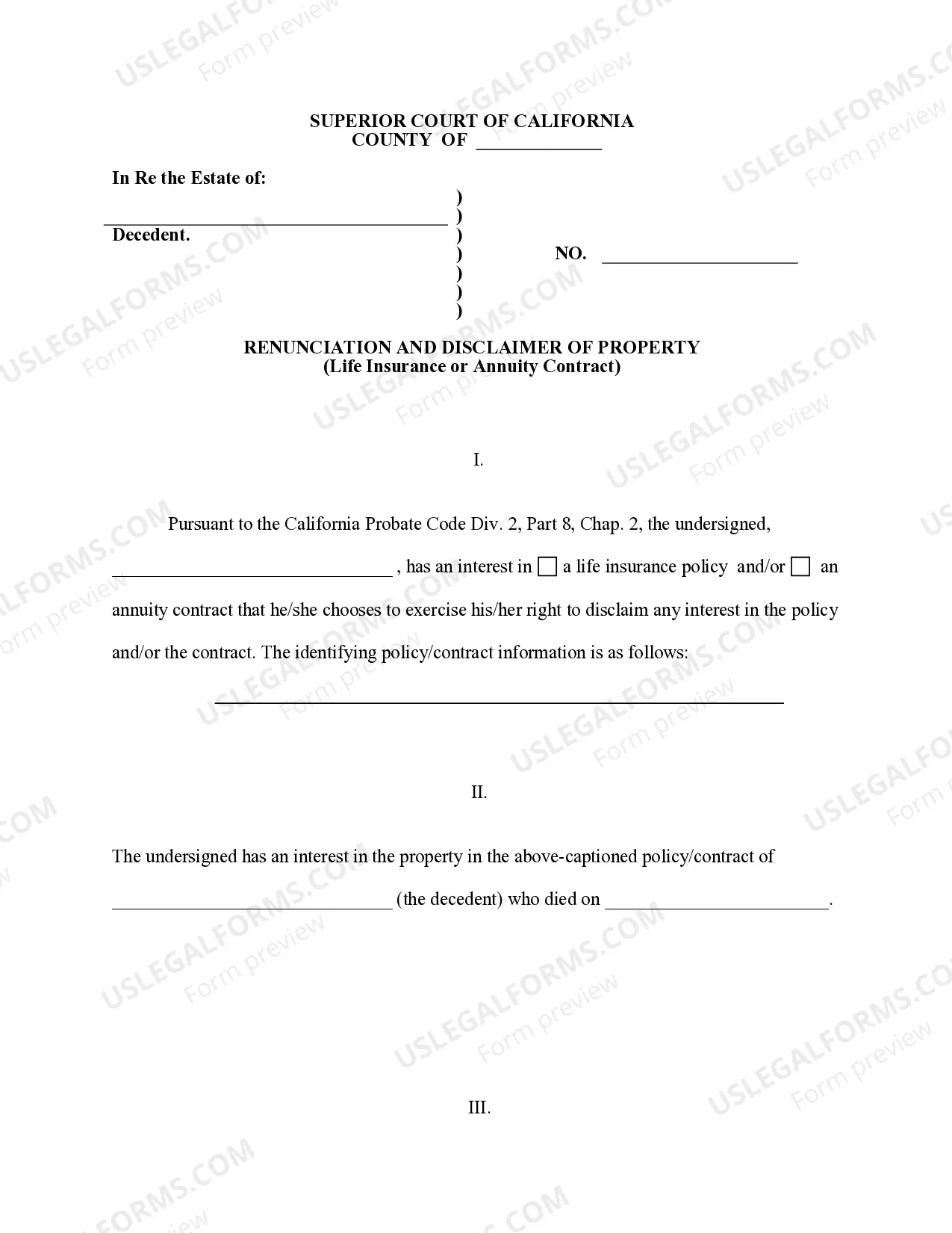 Preview California Renunciation And Disclaimer of Property from Life Insurance or Annuity Contract