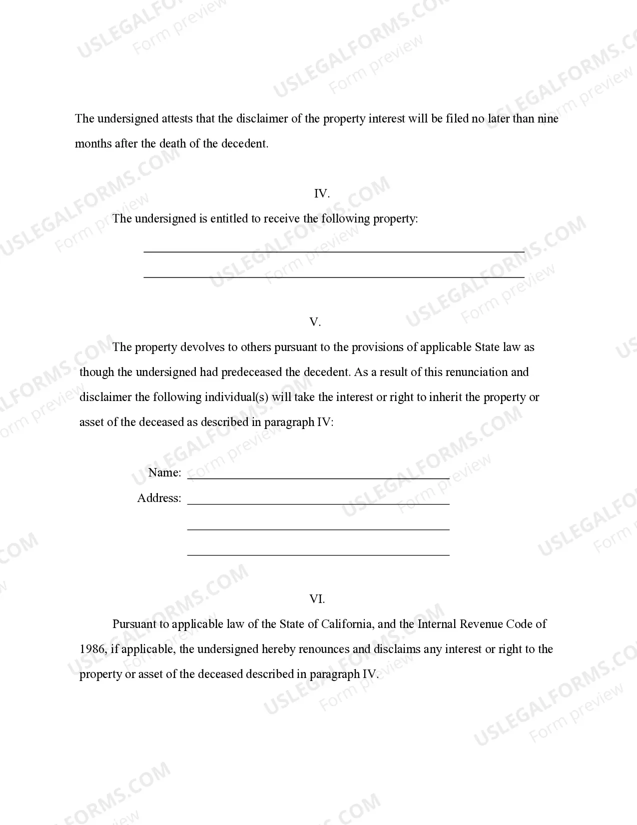 Preview California Renunciation And Disclaimer of Property from Life Insurance or Annuity Contract