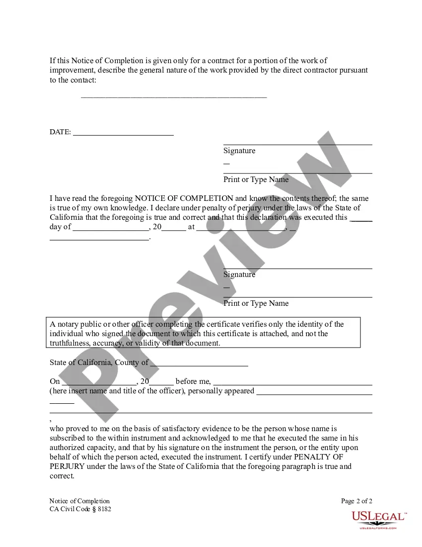 Preview Notice of Completion - Construction Liens - Individual - CA Civil Code Section 8182