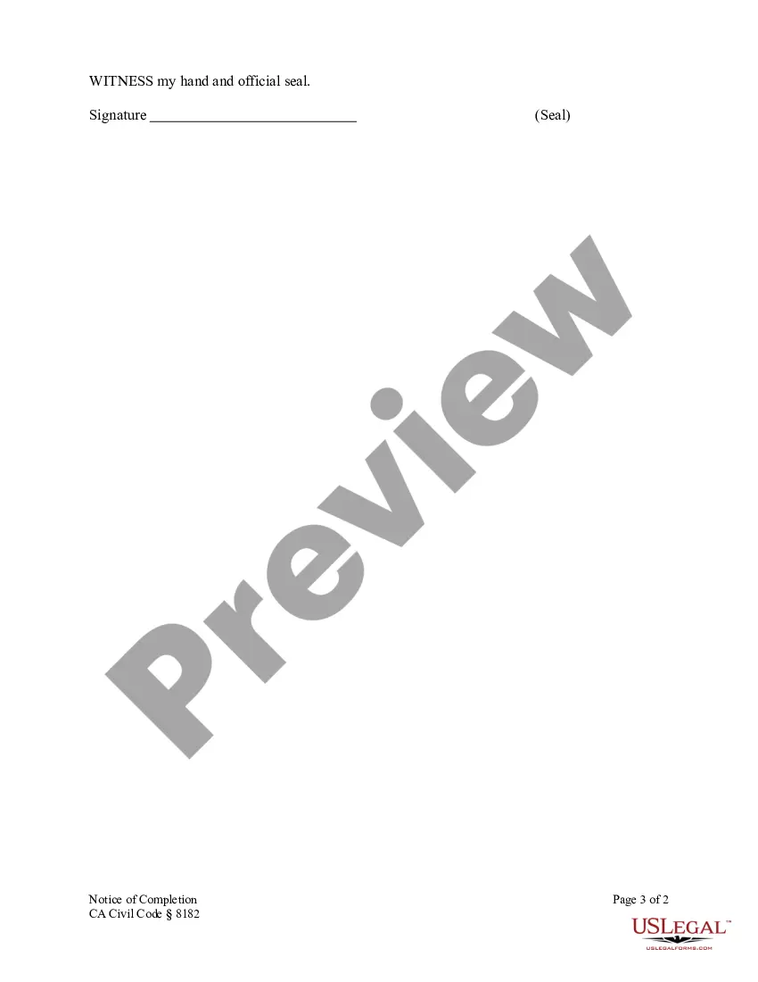 Preview Notice of Completion - Construction Liens - Individual - CA Civil Code Section 8182