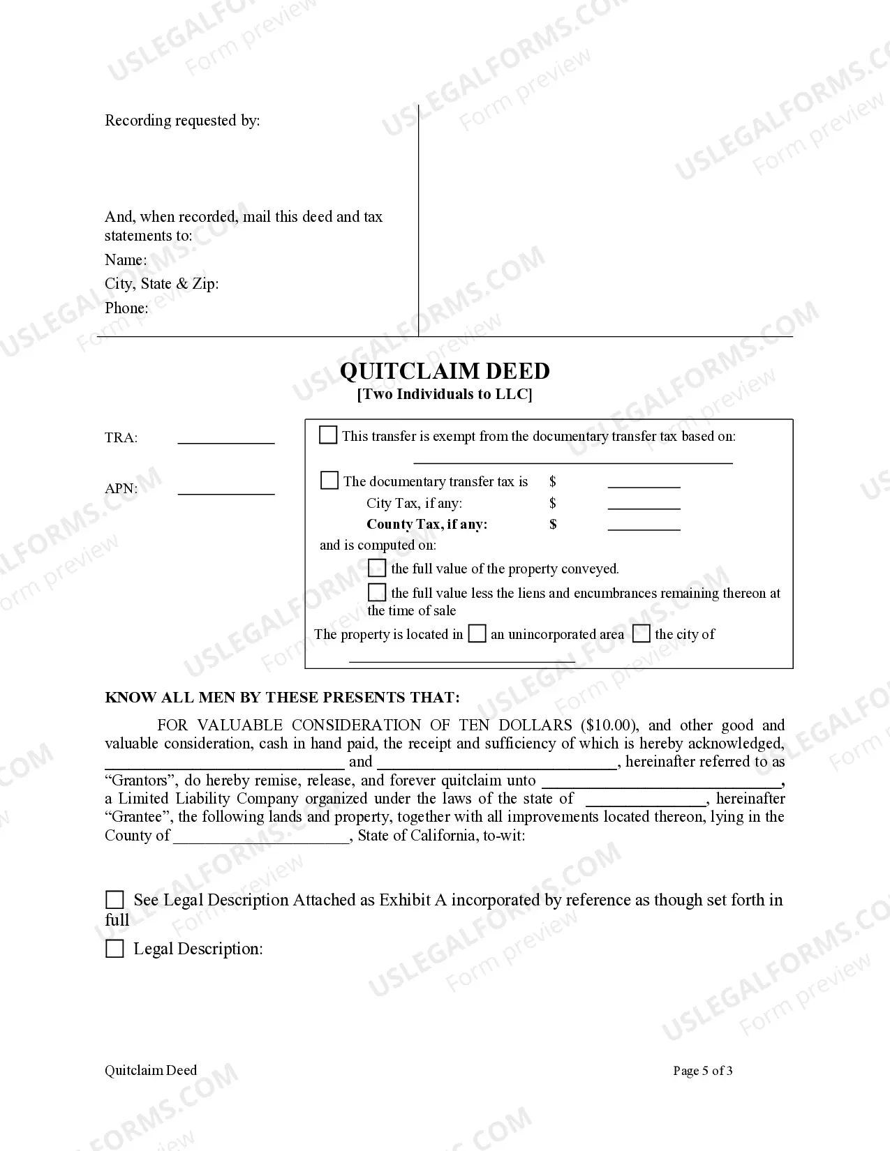Preview Quitclaim Deed by Two Individuals to LLC