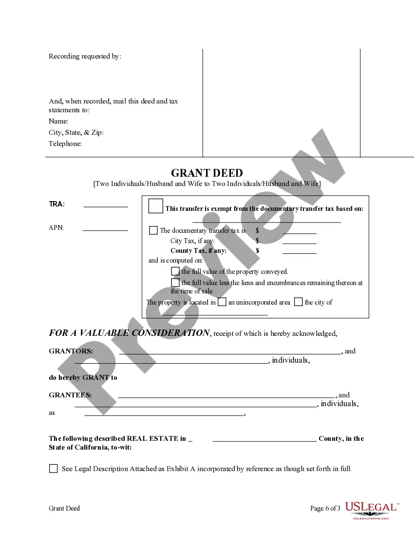 Preview Enhanced Life Estate or Lady Bird Grant Deed from Two Individuals, or Husband and Wife, to Two Individuals, or Husband and Wife