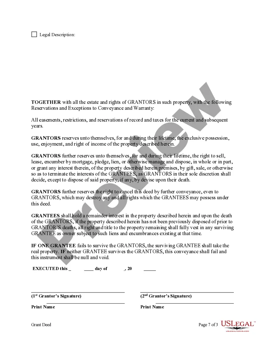 Preview Enhanced Life Estate or Lady Bird Grant Deed from Two Individuals, or Husband and Wife, to Two Individuals, or Husband and Wife