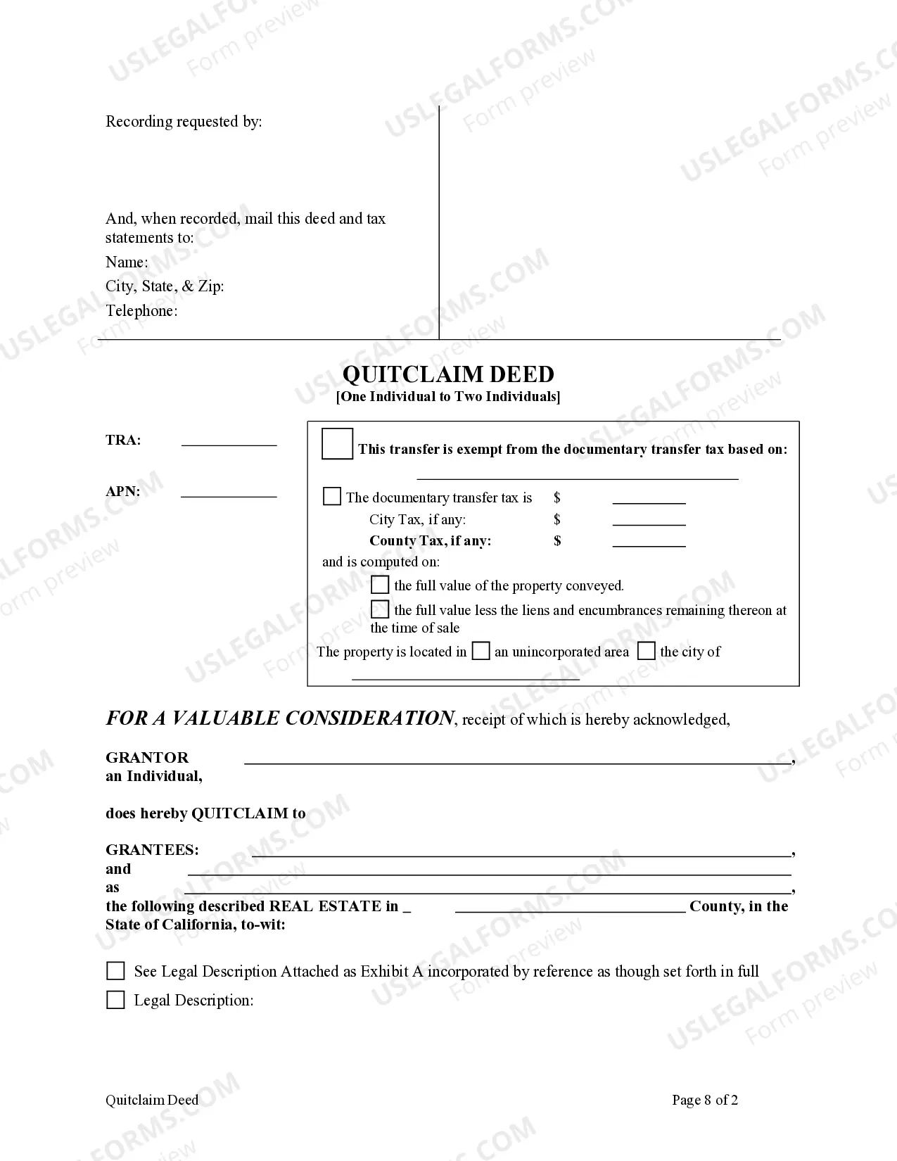 Preview Quitclaim Deed - Individual Grantor to Two Individual Grantees