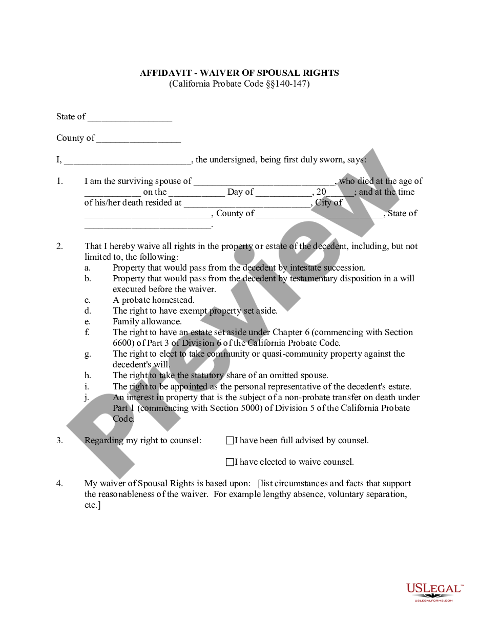 page 0 Affidavit regarding Waiver of Spousal Rights - California Probate Code Sect.140-147 preview
