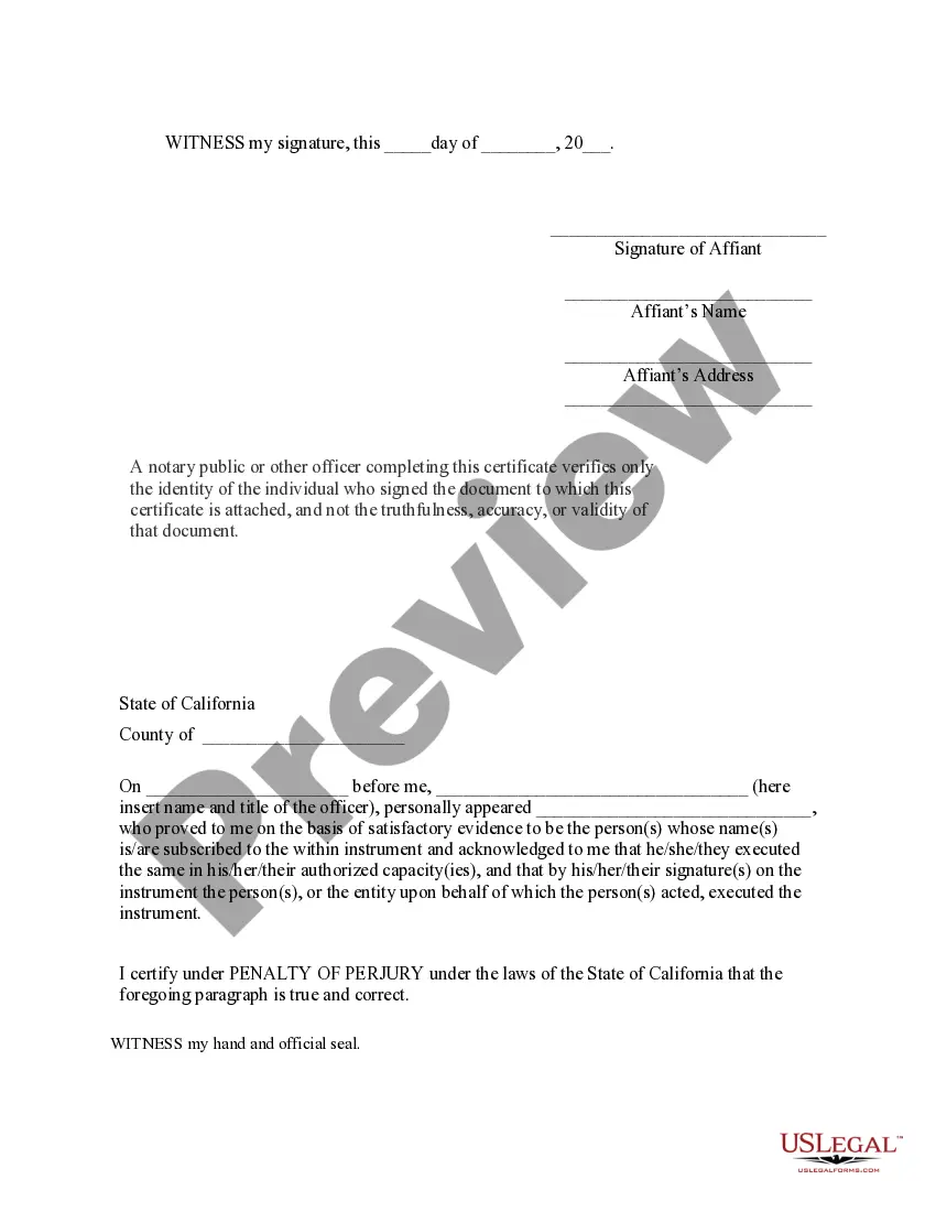 Preview Affidavit regarding Waiver of Spousal Rights - California Probate Code Sect.140-147