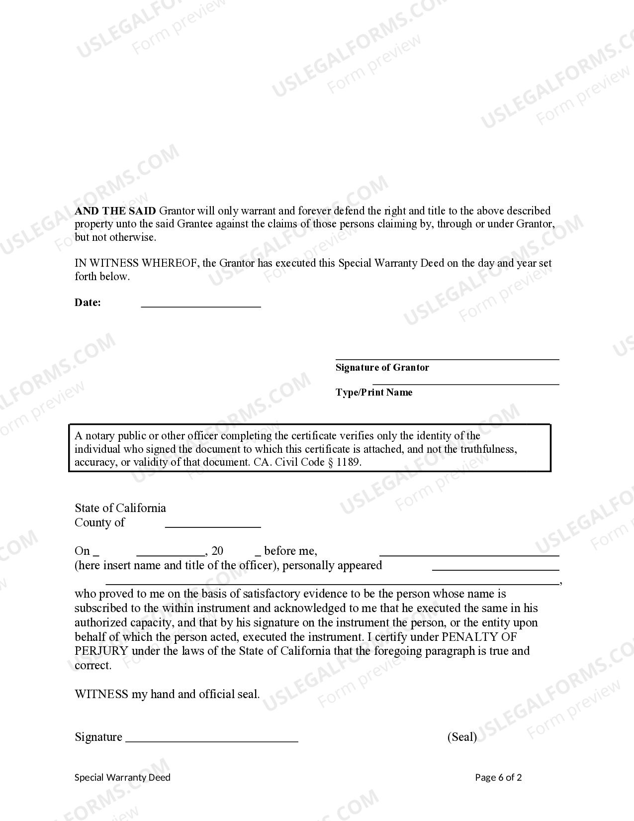 Bakersfield California Special Warranty Deed from Individual to Individual  | US Legal Forms