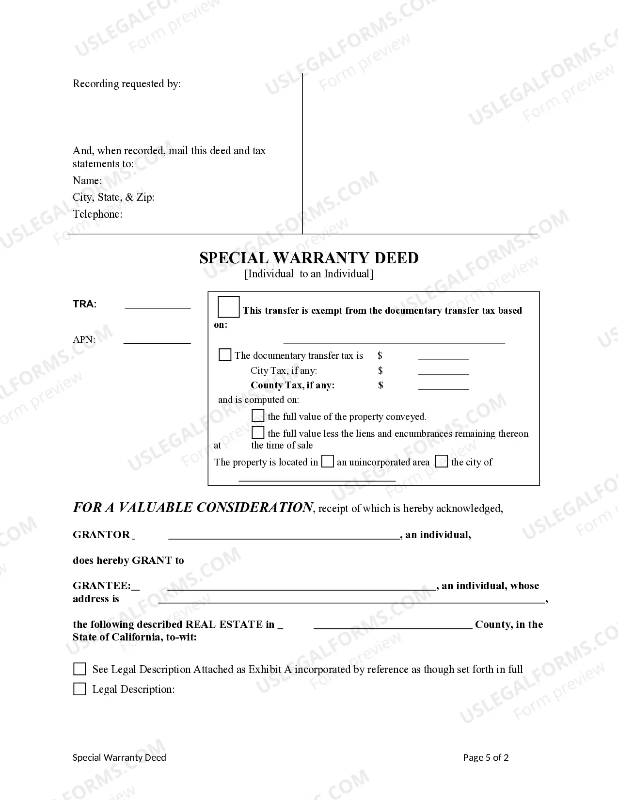 Preview Special Warranty Deed from Individual to Individual
