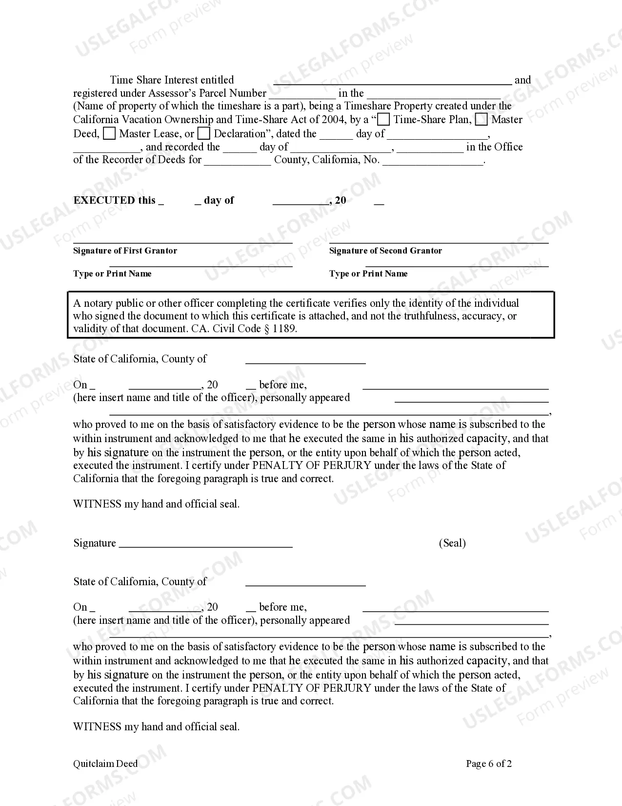 Preview Quitclaim Deed for a Time Share - Two Individuals, or Husband and Wife, to One Individual